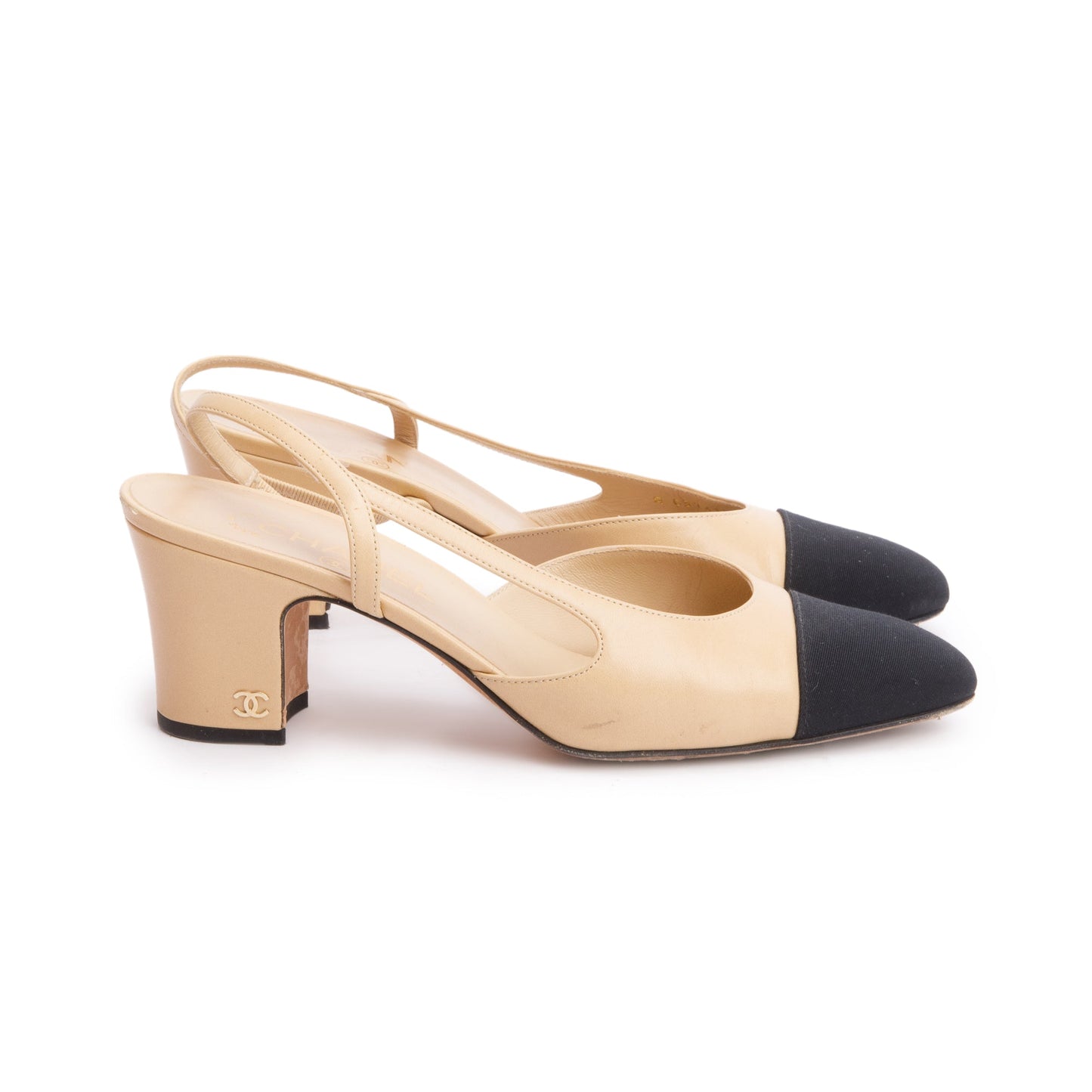 Chanel Beige/Black Lambskin Grosgrain Interlocking CC Logo Sling Back Shoes, Size 39