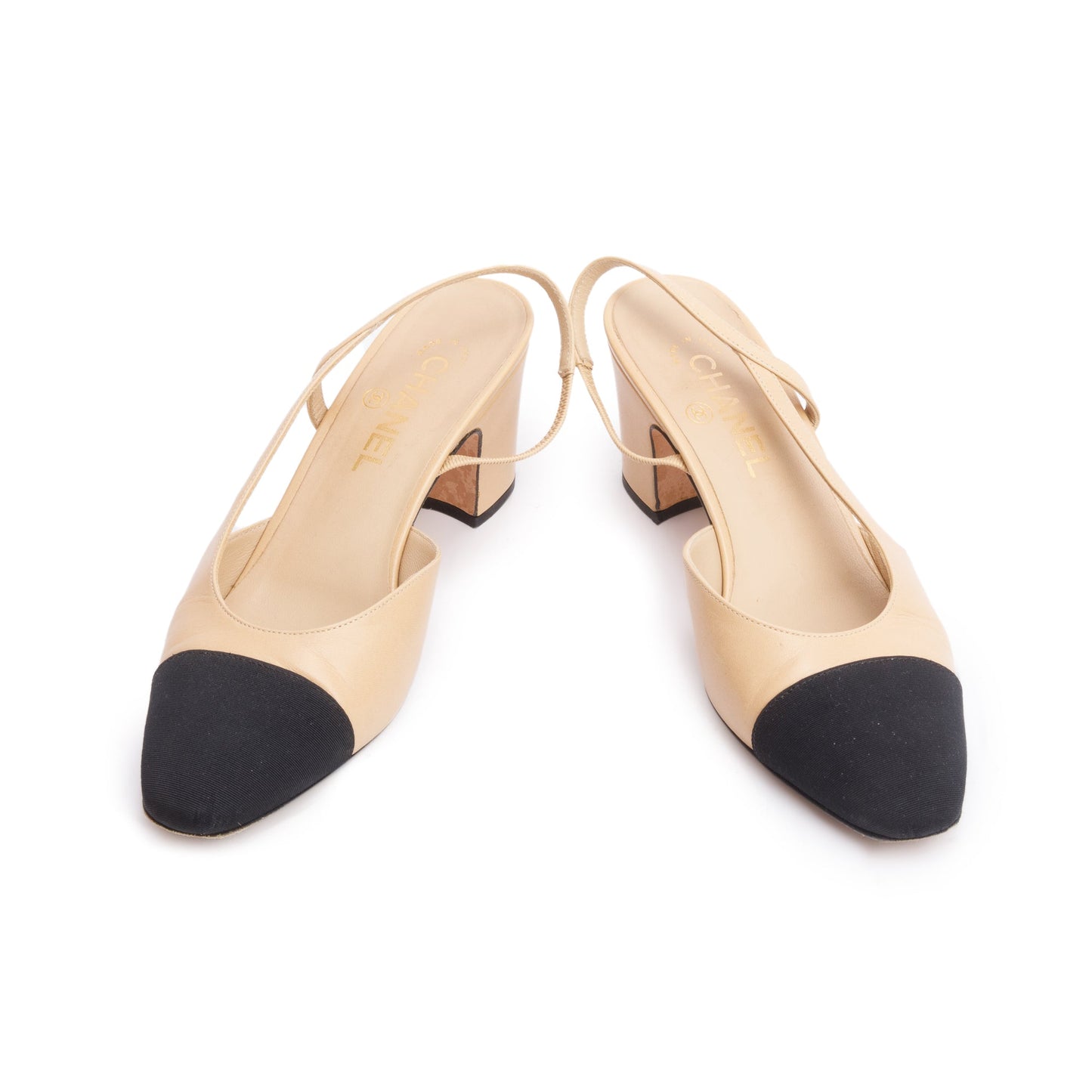 Chanel Beige/Black Lambskin Grosgrain Interlocking CC Logo Sling Back Shoes, Size 39