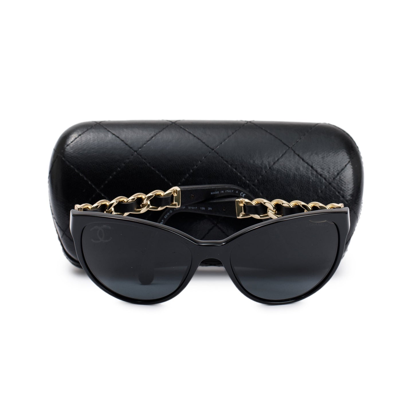 Chanel Black 5215-Q Interlocking CC Leather & Chain Link Sunglasses