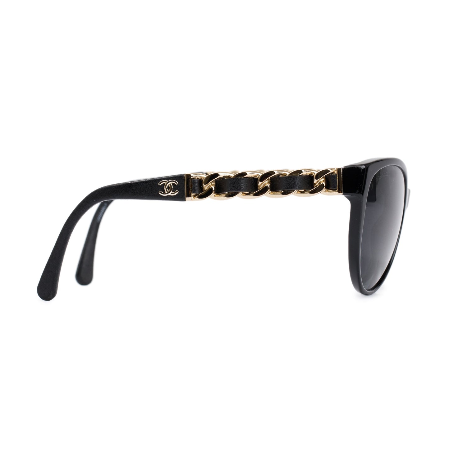 Chanel Black 5215-Q Interlocking CC Leather & Chain Link Sunglasses