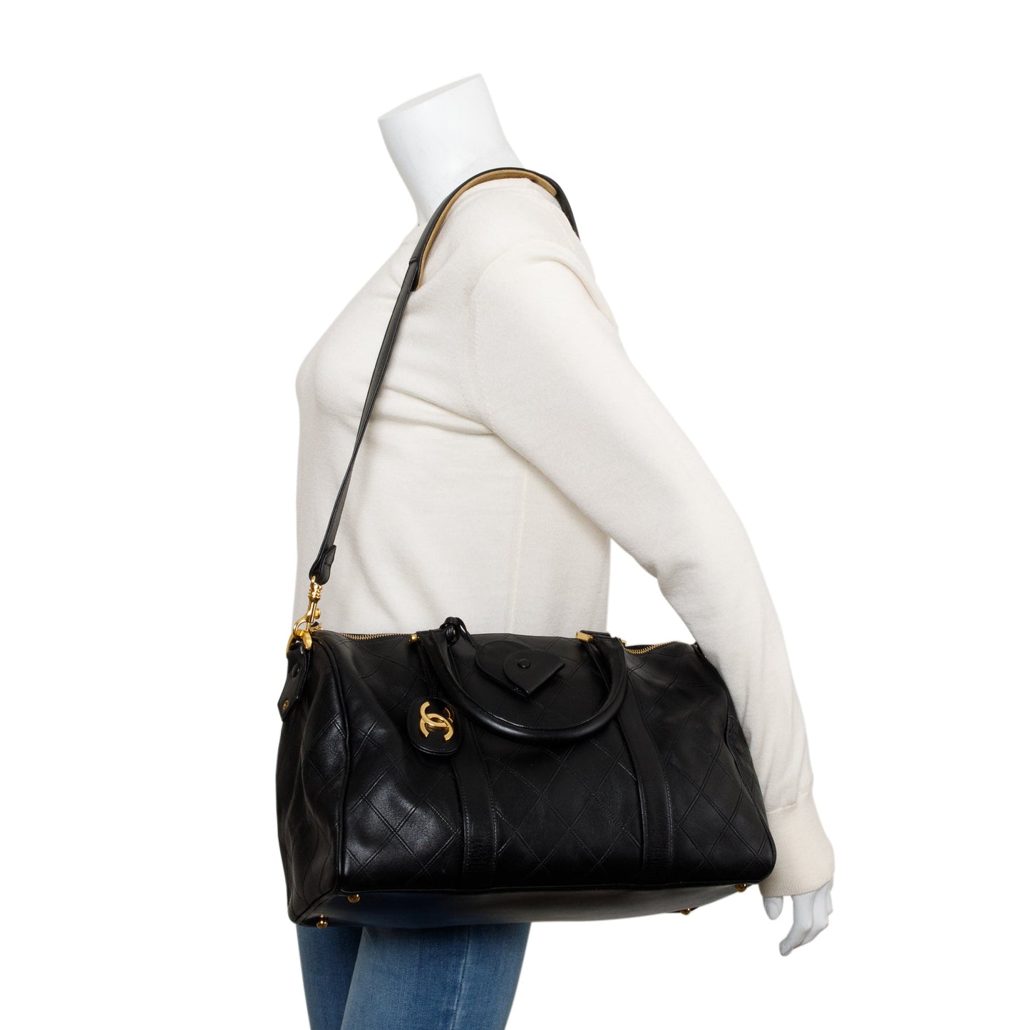 Chanel Black Calfskin Leather Diamond Stitch Boston Bag