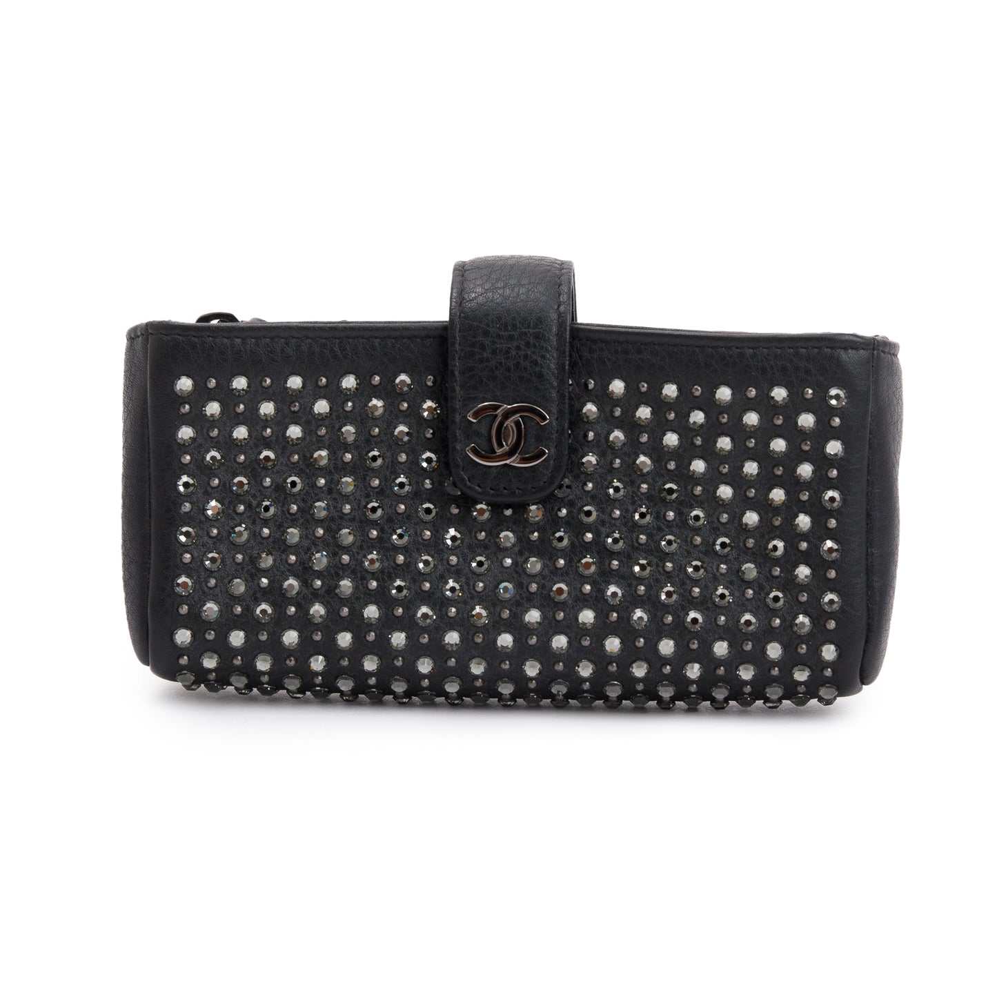 Chanel Black Calfskin Leather Strass Studded Phone Holder Clutch