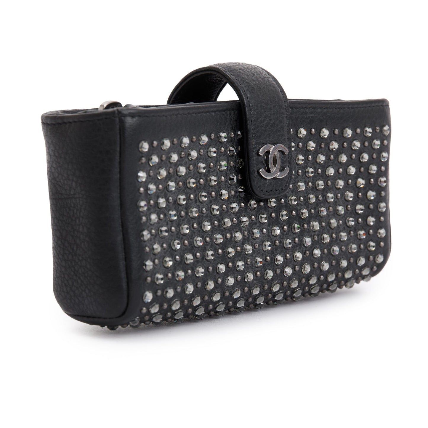 Chanel Black Calfskin Leather Strass Studded Phone Holder Clutch