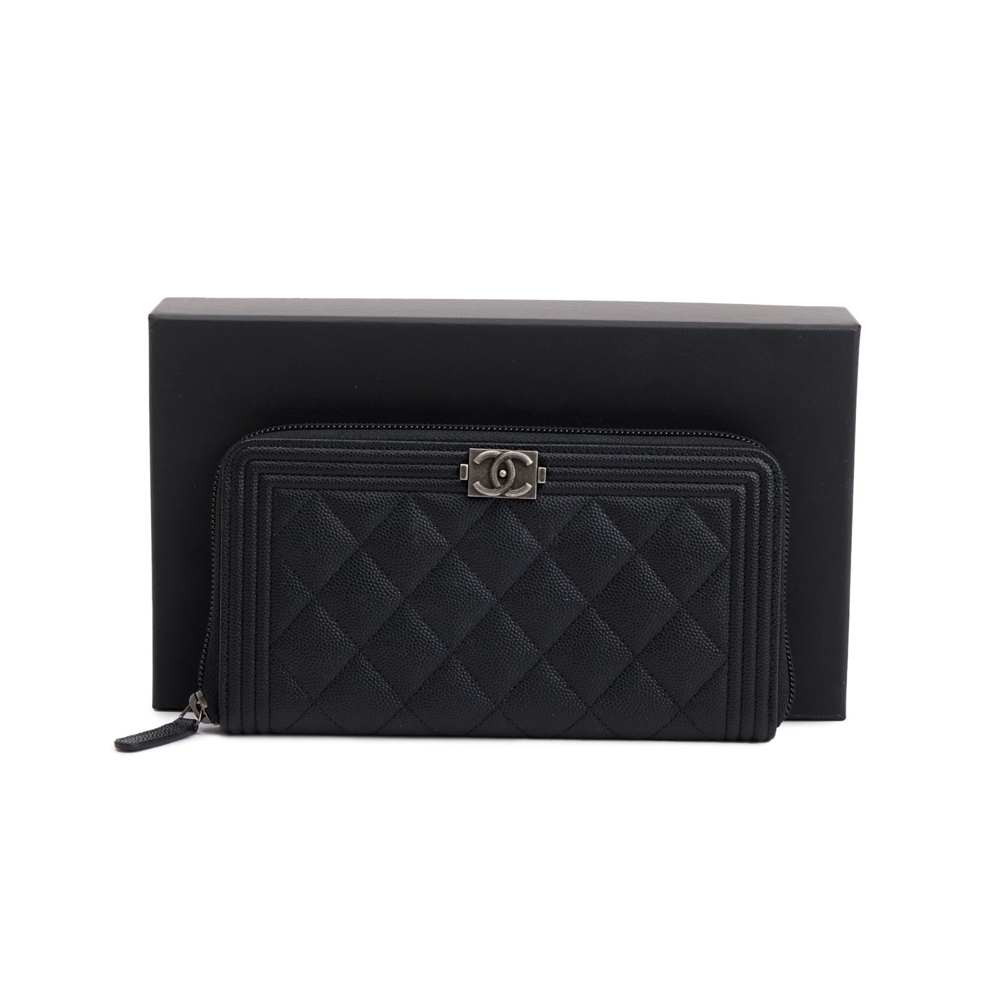 Chanel Black Caviar Leather Boy Long Zip Around Wallet
