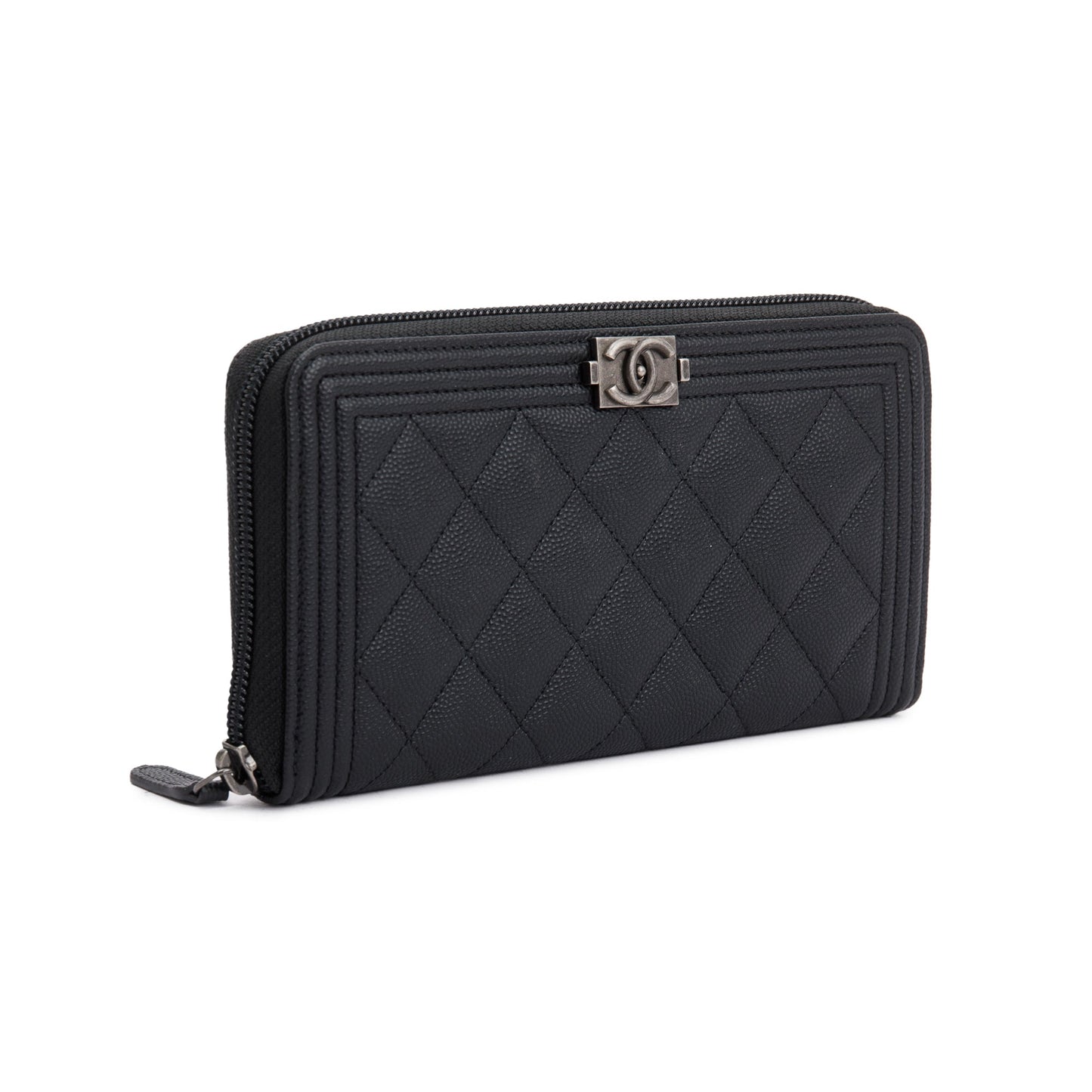 Chanel Black Caviar Leather Boy Long Zip Around Wallet