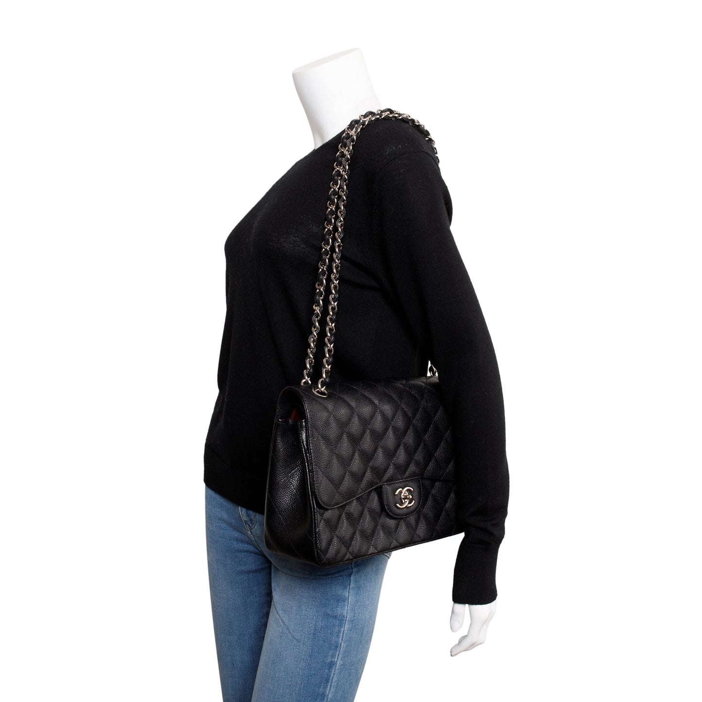 Chanel Black Caviar Leather Classic Jumbo Double Flap Bag