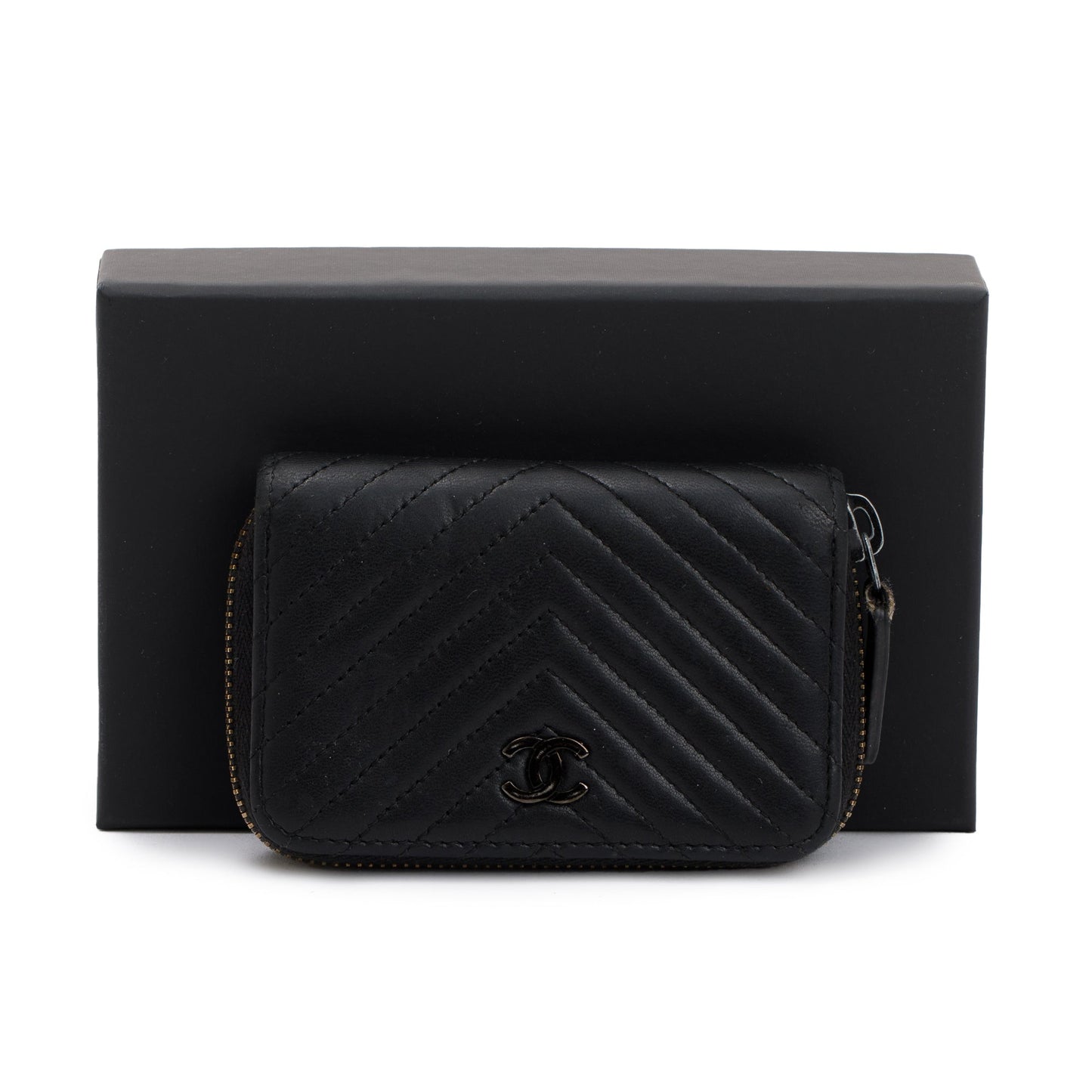 Chanel Black Chevron Calfskin Leather Classic Zipped Coin Purse