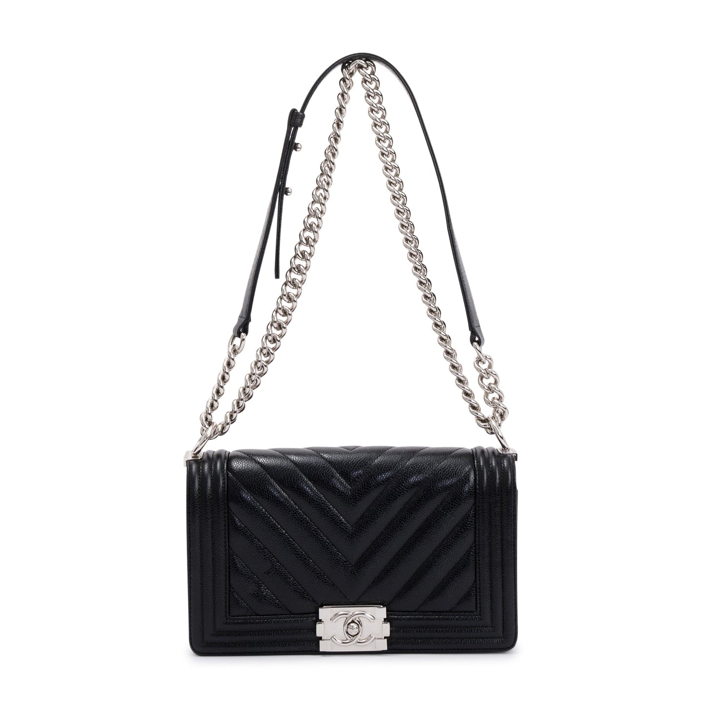 Chanel Black Chevron Caviar Medium Boy Bag