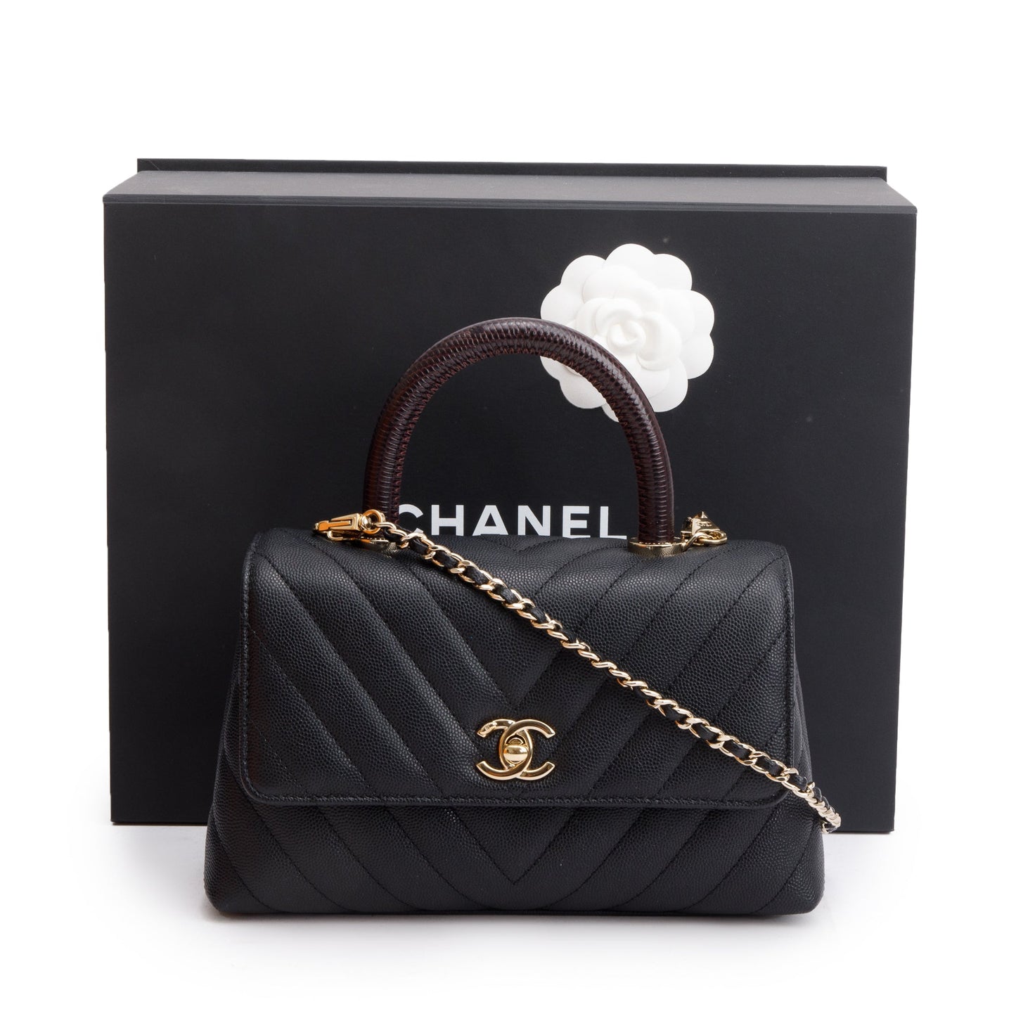 Chanel Black Chevron Quilted Caviar Leather Lizard Coco Top Handle Flap Bag