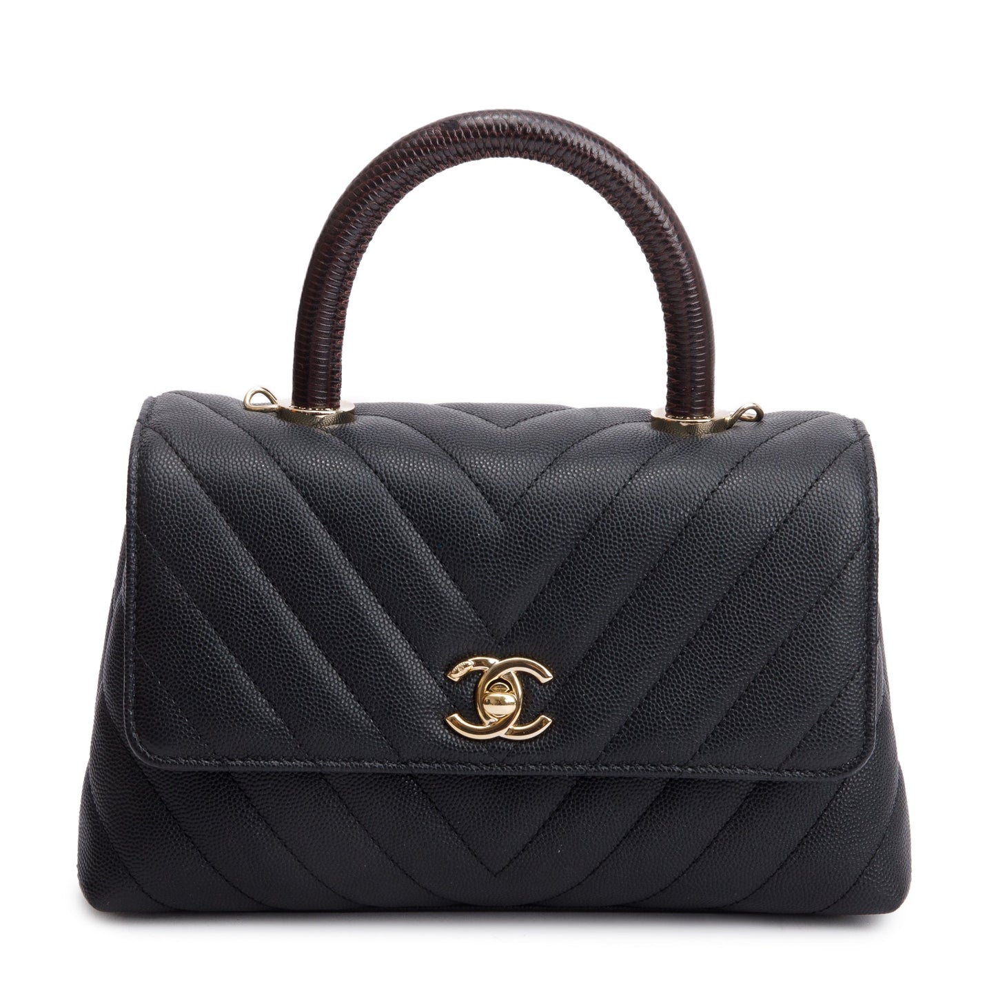 Chanel Black Chevron Quilted Caviar Leather Lizard Coco Top Handle Flap Bag
