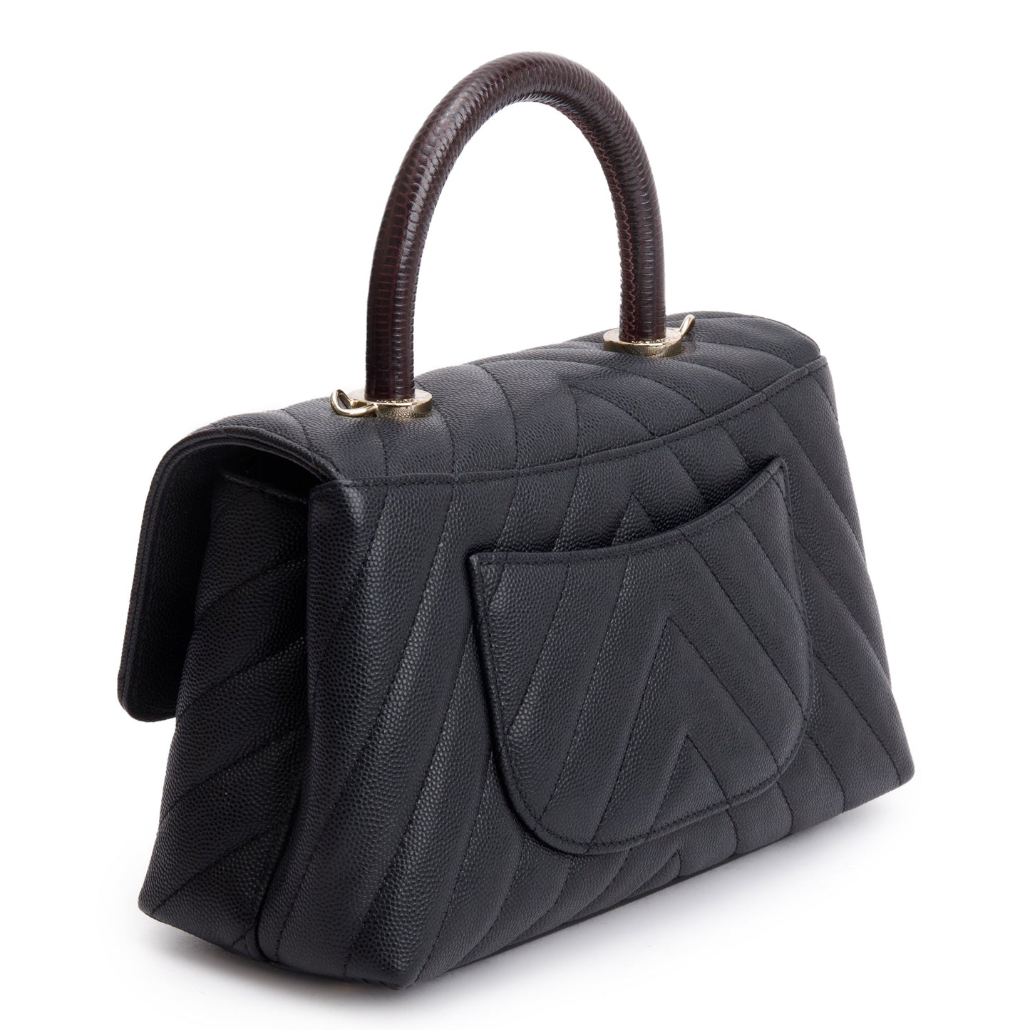 Chanel Black Chevron Quilted Caviar Leather Lizard Coco Top Handle Flap Bag