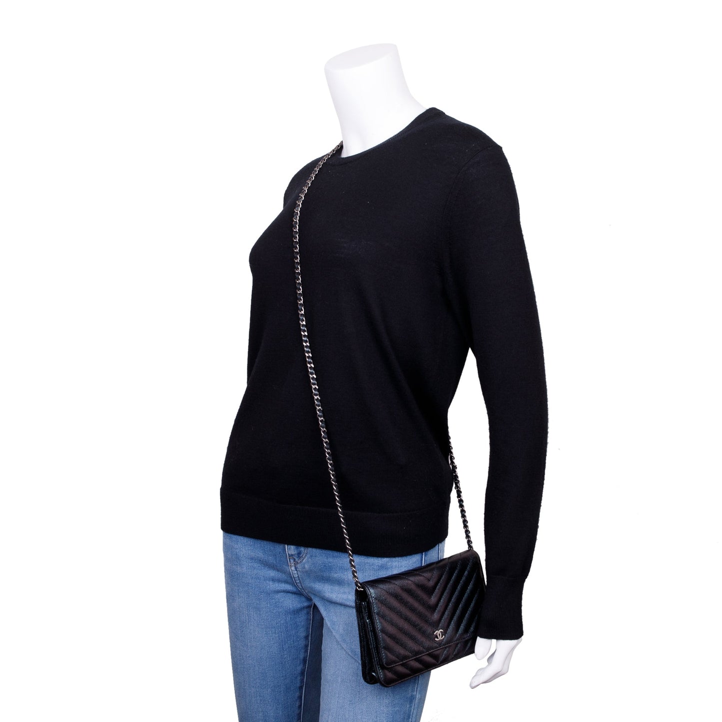 Chanel Black Iridescent Caviar Leather Chevron Wallet on Chain