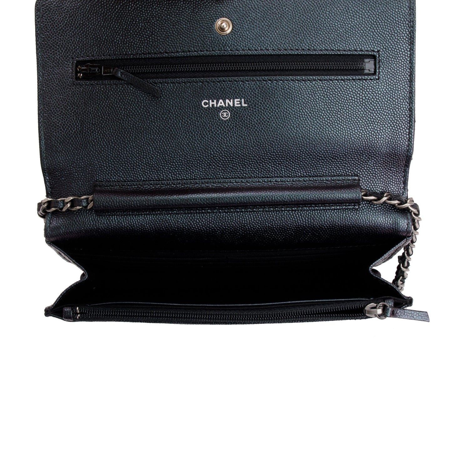 Chanel Black Iridescent Caviar Leather Chevron Wallet on Chain