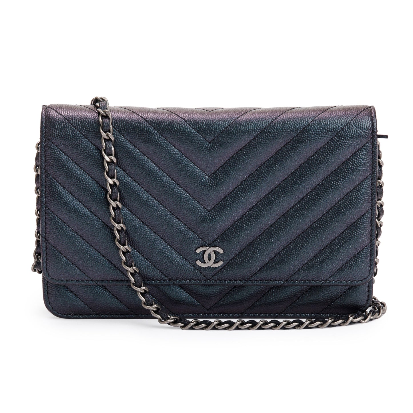 Chanel Black Iridescent Caviar Leather Chevron Wallet on Chain