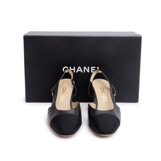 Chanel Black Lambskin Grosgrain Interlocking CC Logo Sling Back Shoes, Size 36