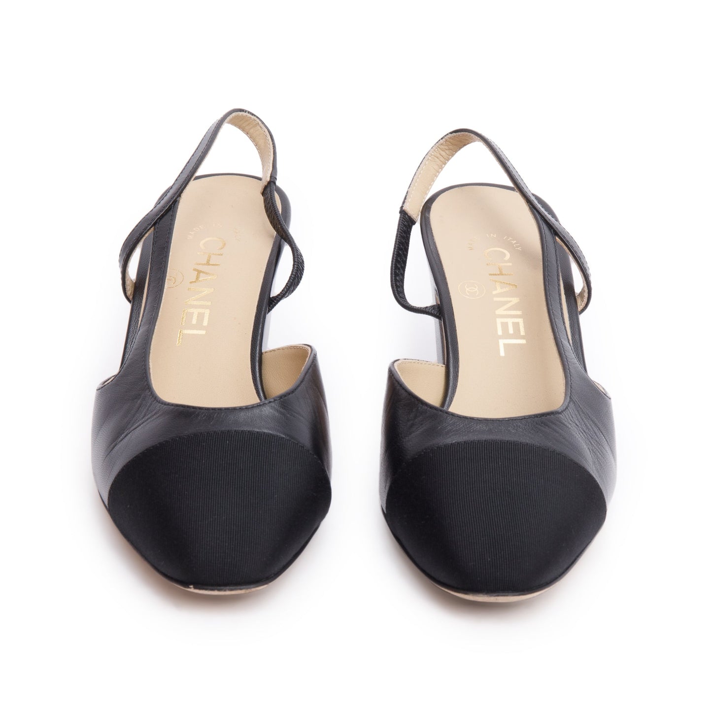 Chanel Black Lambskin Grosgrain Interlocking CC Logo Sling Back Shoes, Size 36