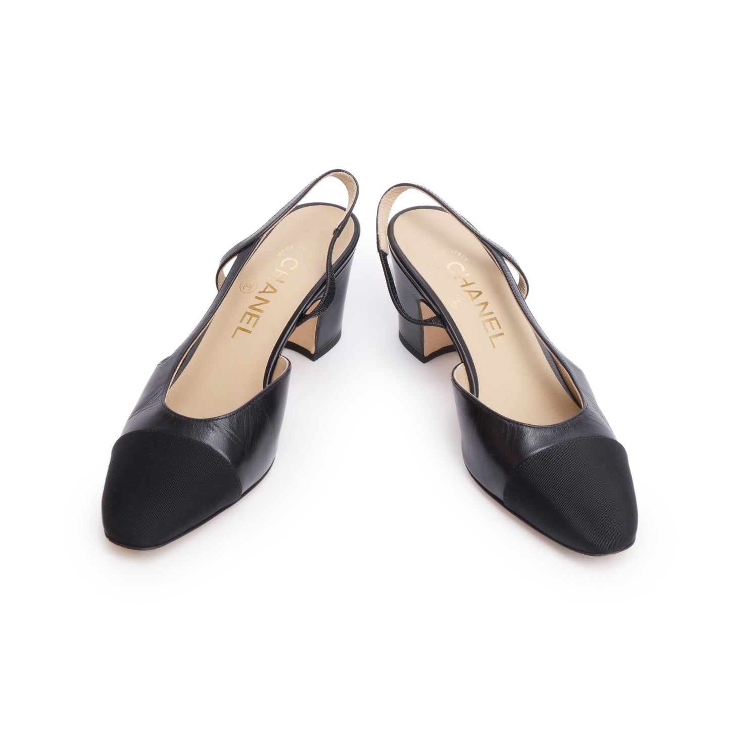 Chanel Black Lambskin Grosgrain Interlocking CC Logo Sling Back Shoes, Size 36