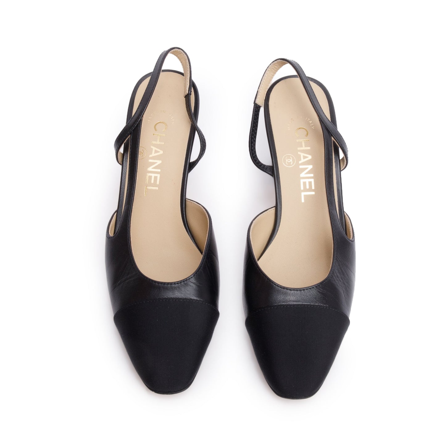 Chanel Black Lambskin Grosgrain Interlocking CC Logo Sling Back Shoes, Size 36