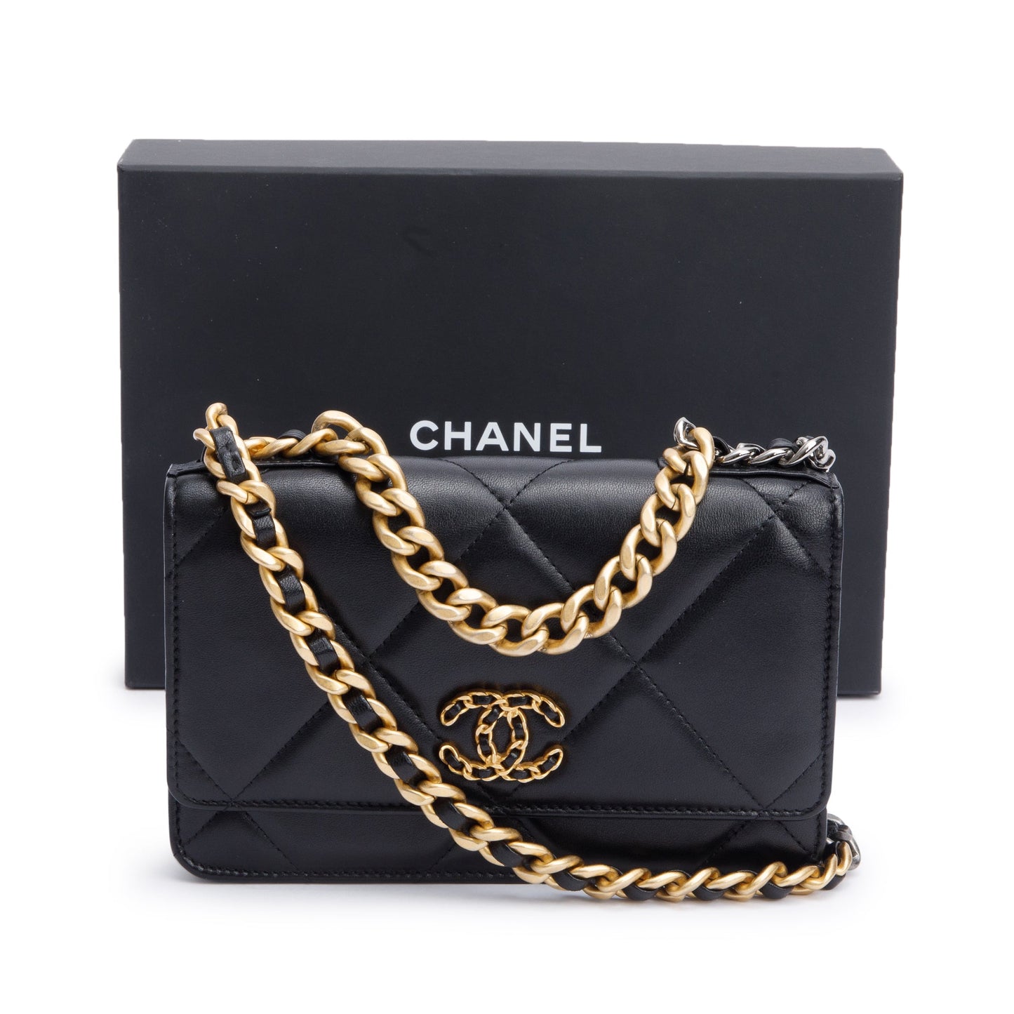 Chanel Black Lambskin Leather 19 Wallet On Chain