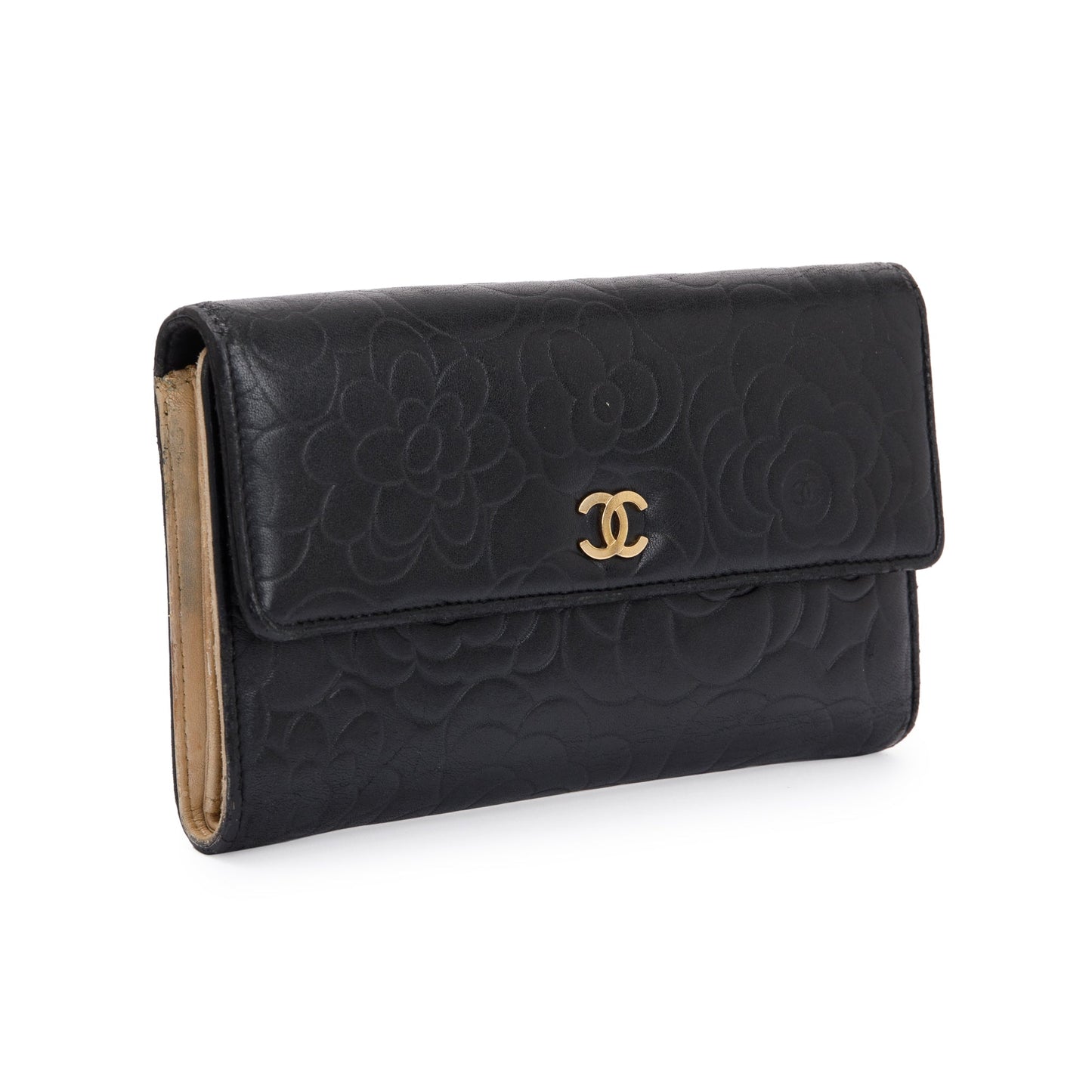 Chanel Black Lambskin Leather CC Logo Camellia Trifold Wallet