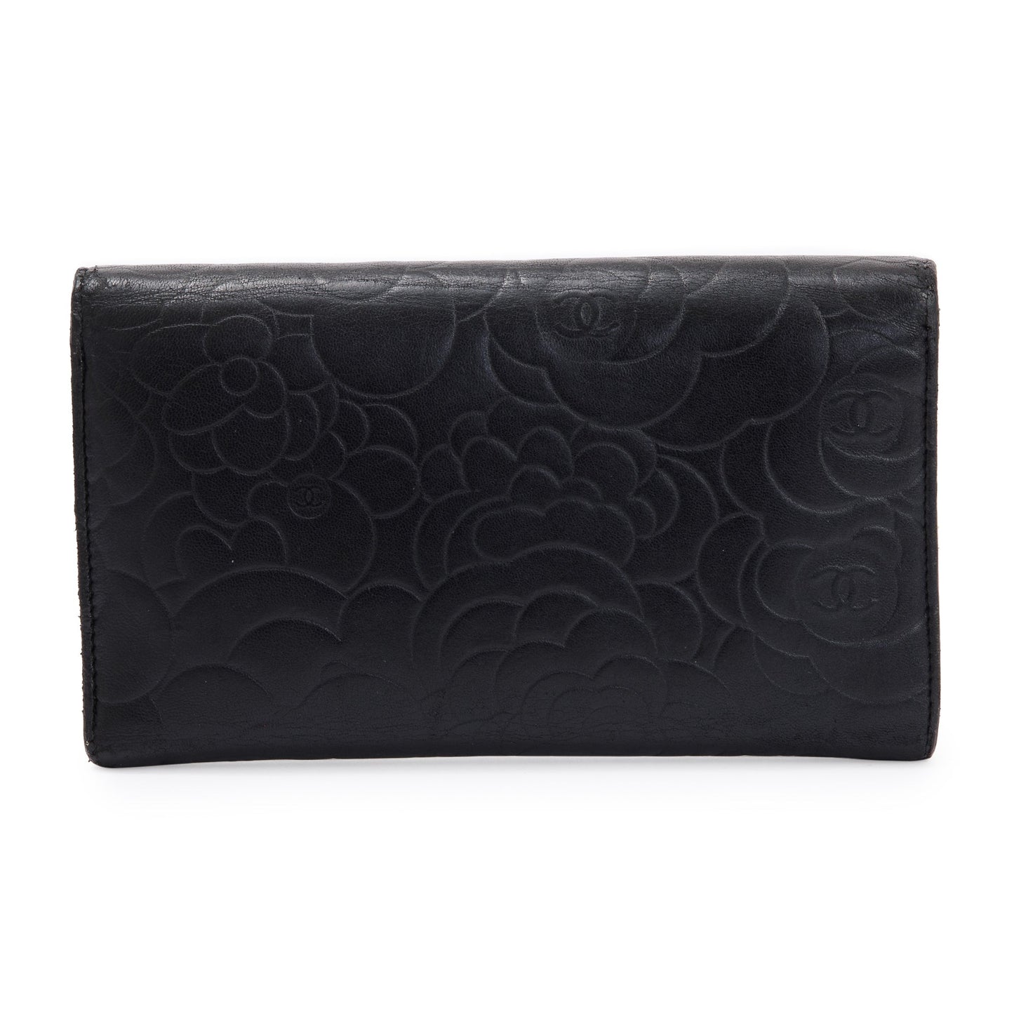 Chanel Black Lambskin Leather CC Logo Camellia Trifold Wallet