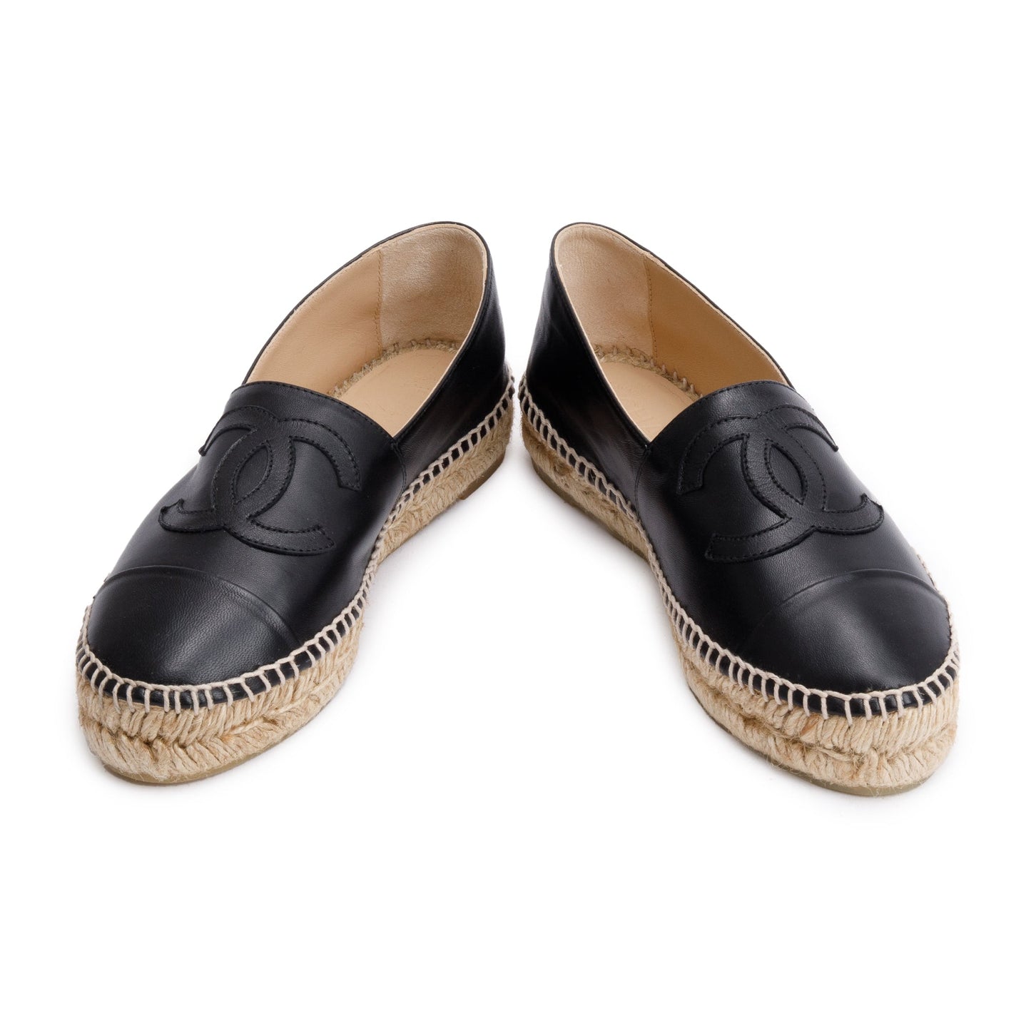 Chanel Black Lambskin Leather Interlocking CC Logo Espadrilles, Size 36