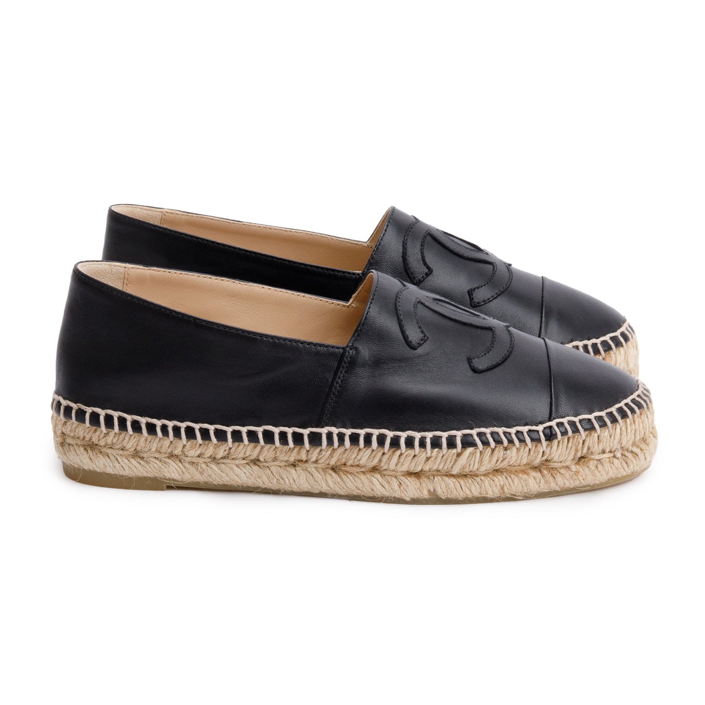 Chanel Black Lambskin Leather Interlocking CC Logo Espadrilles, Size 36