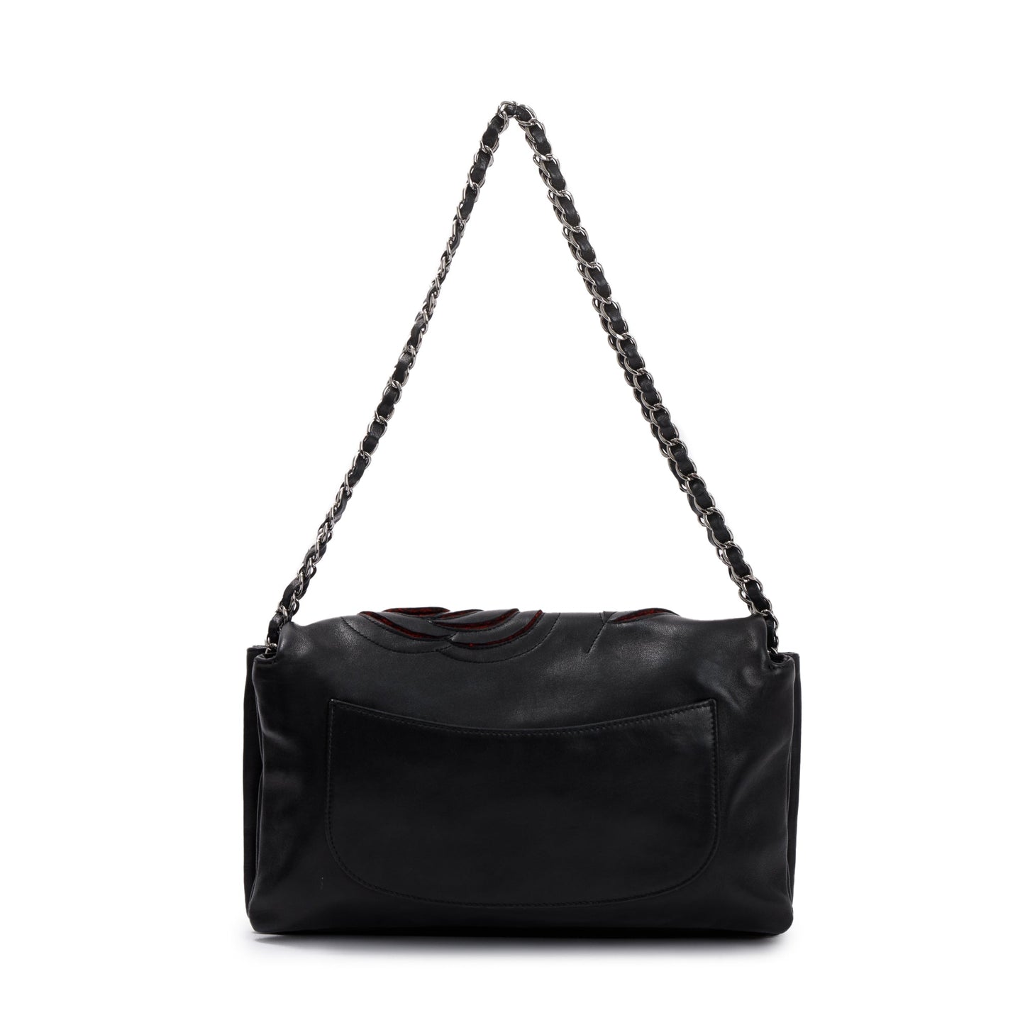 Chanel Black Lambskin Leather Tweed Camellia Petals Flap Bag