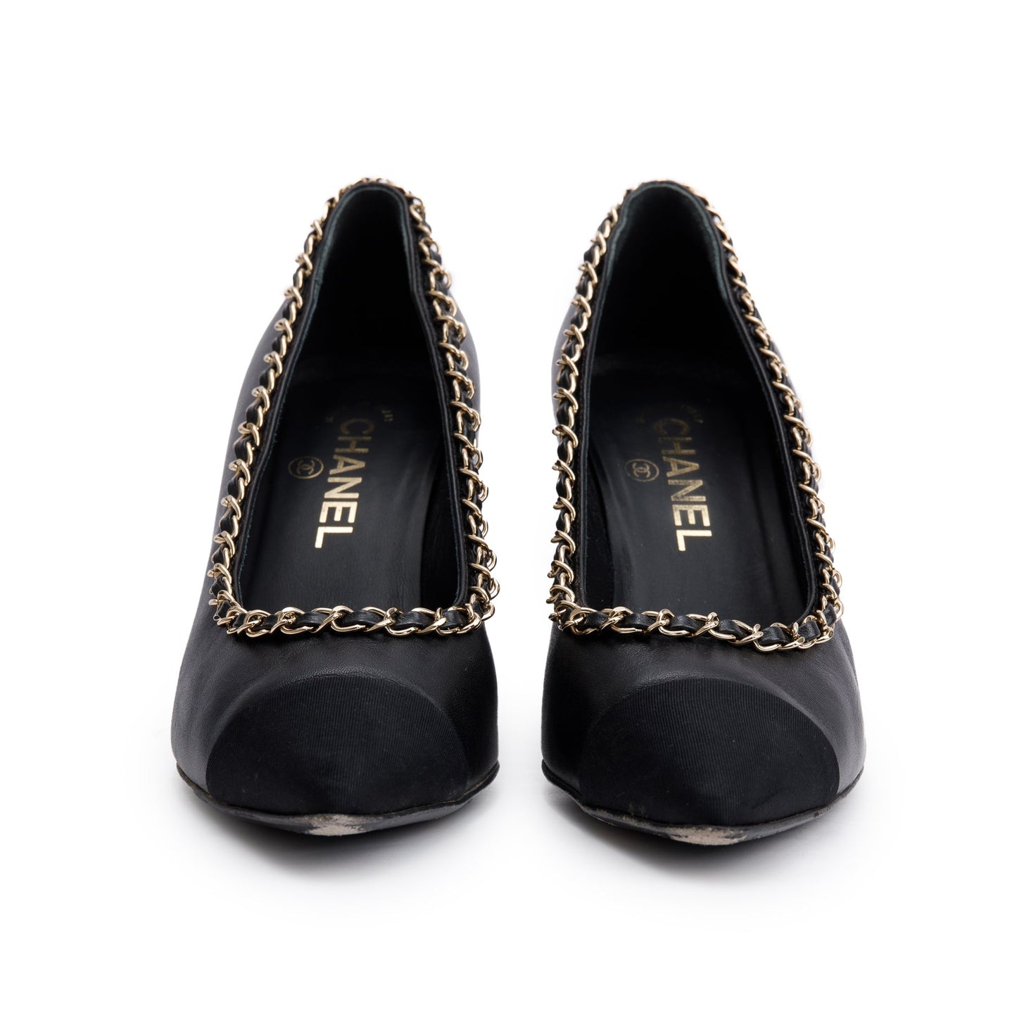 Chanel Black Leather Interlocking CC Logo Chain Around Pumps, Size 38.5