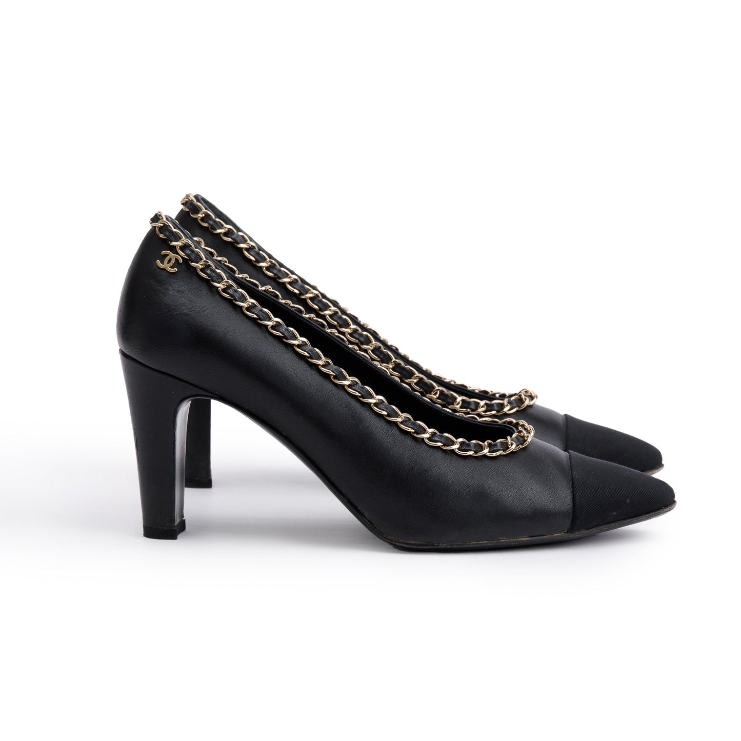 Chanel Black Leather Interlocking CC Logo Chain Around Pumps, Size 38.5