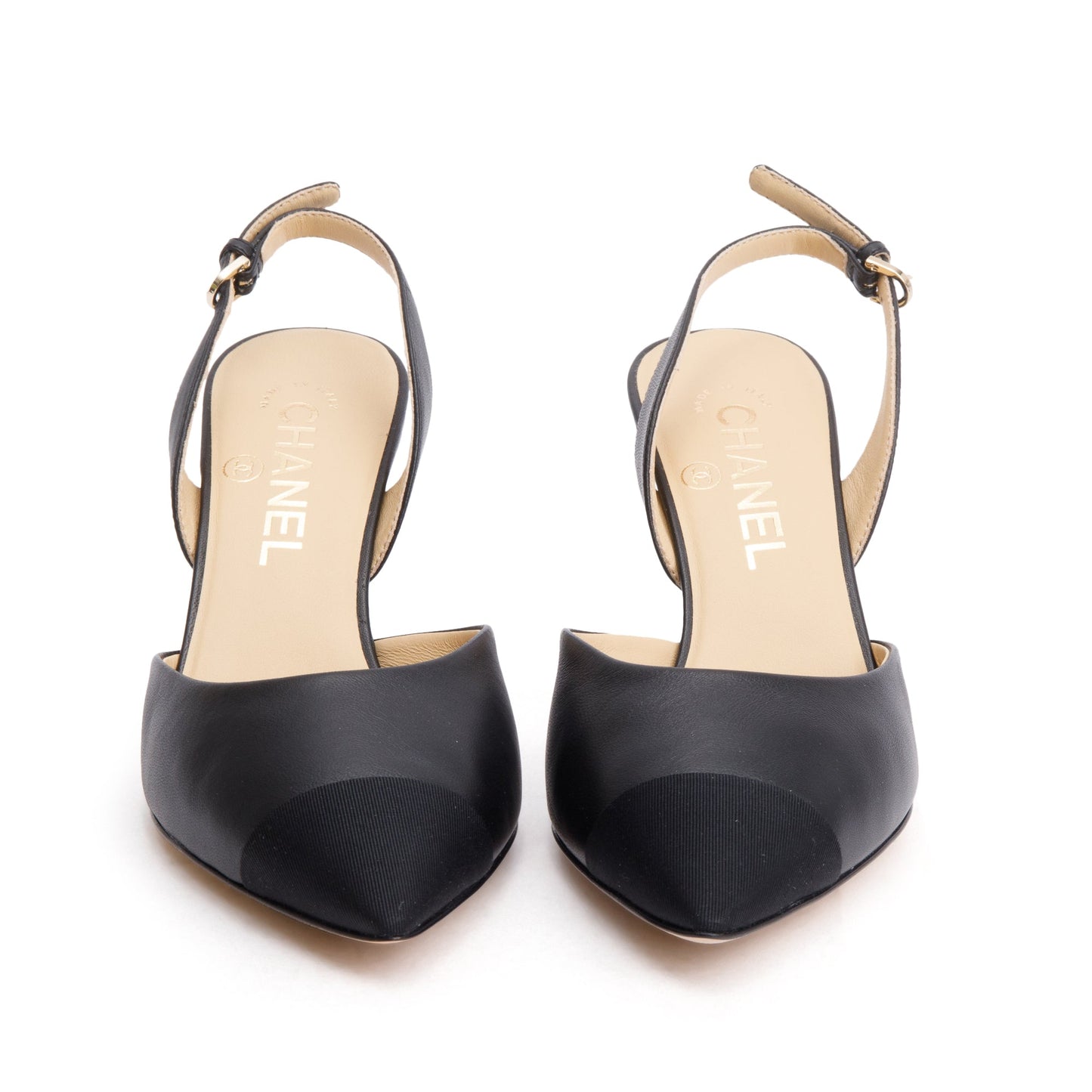 Chanel Black Leather/Grosgrain Cap Toe CC Slingback Sandals, Size 36.5