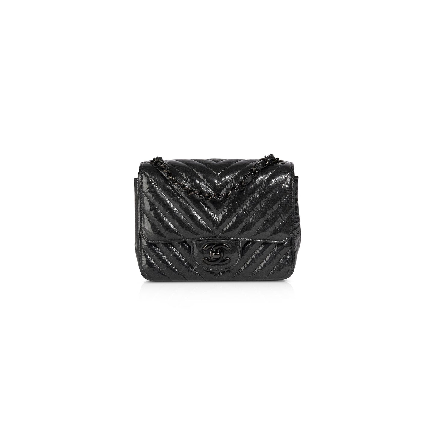 Chanel Black Patent Chevron Classic Mini Square Flap Bag
