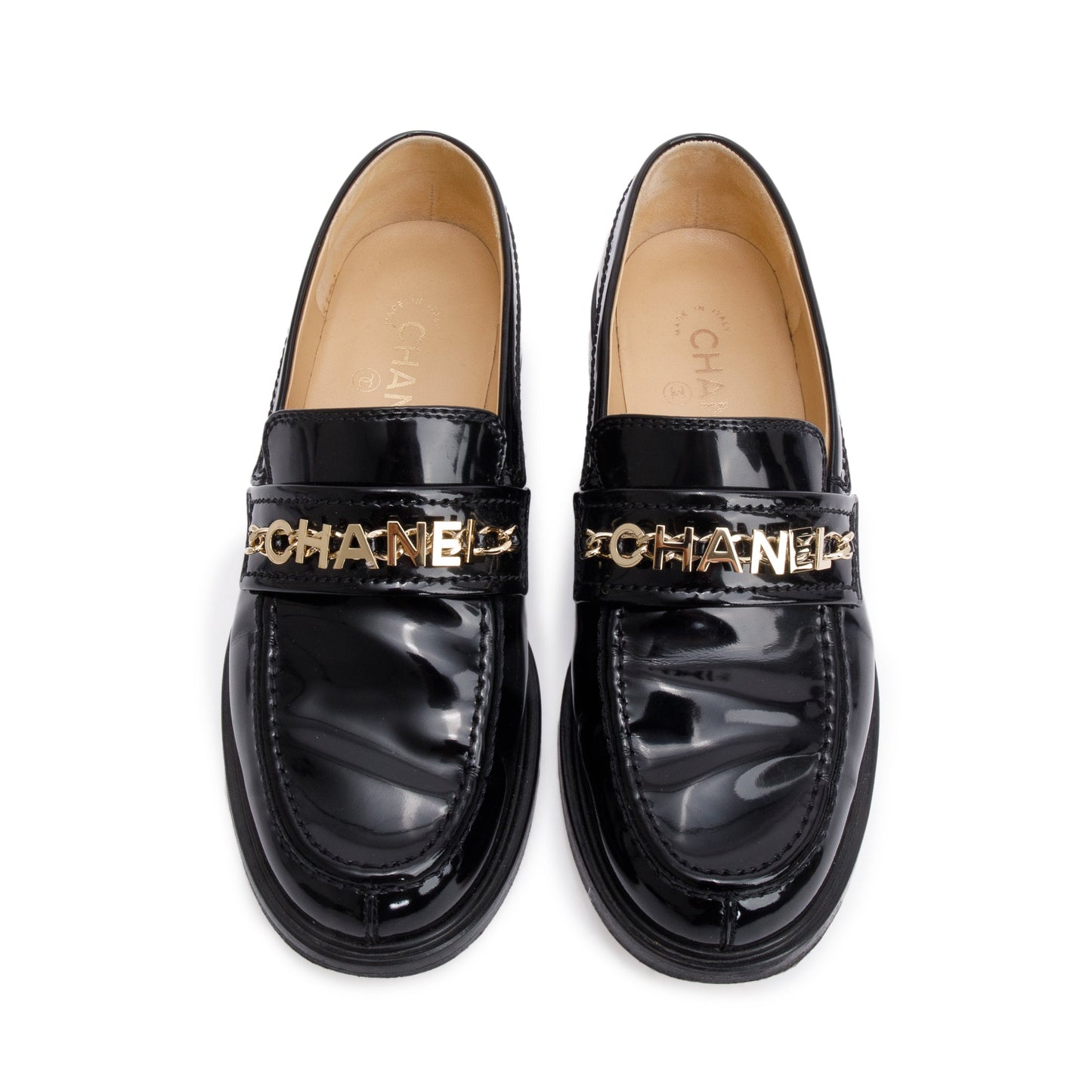Chanel Black Patent Leather Chain Logo Loafer, Size 38.5