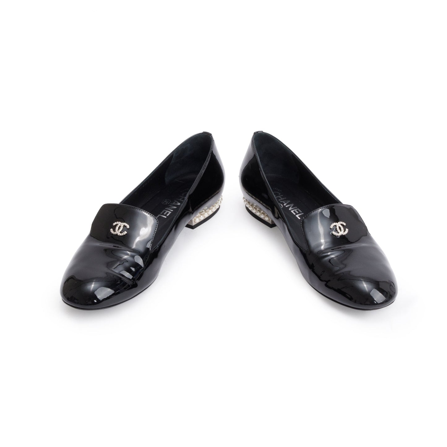 Chanel Black Patent Leather Faux Pearl CC Logo Loafer, Size 40