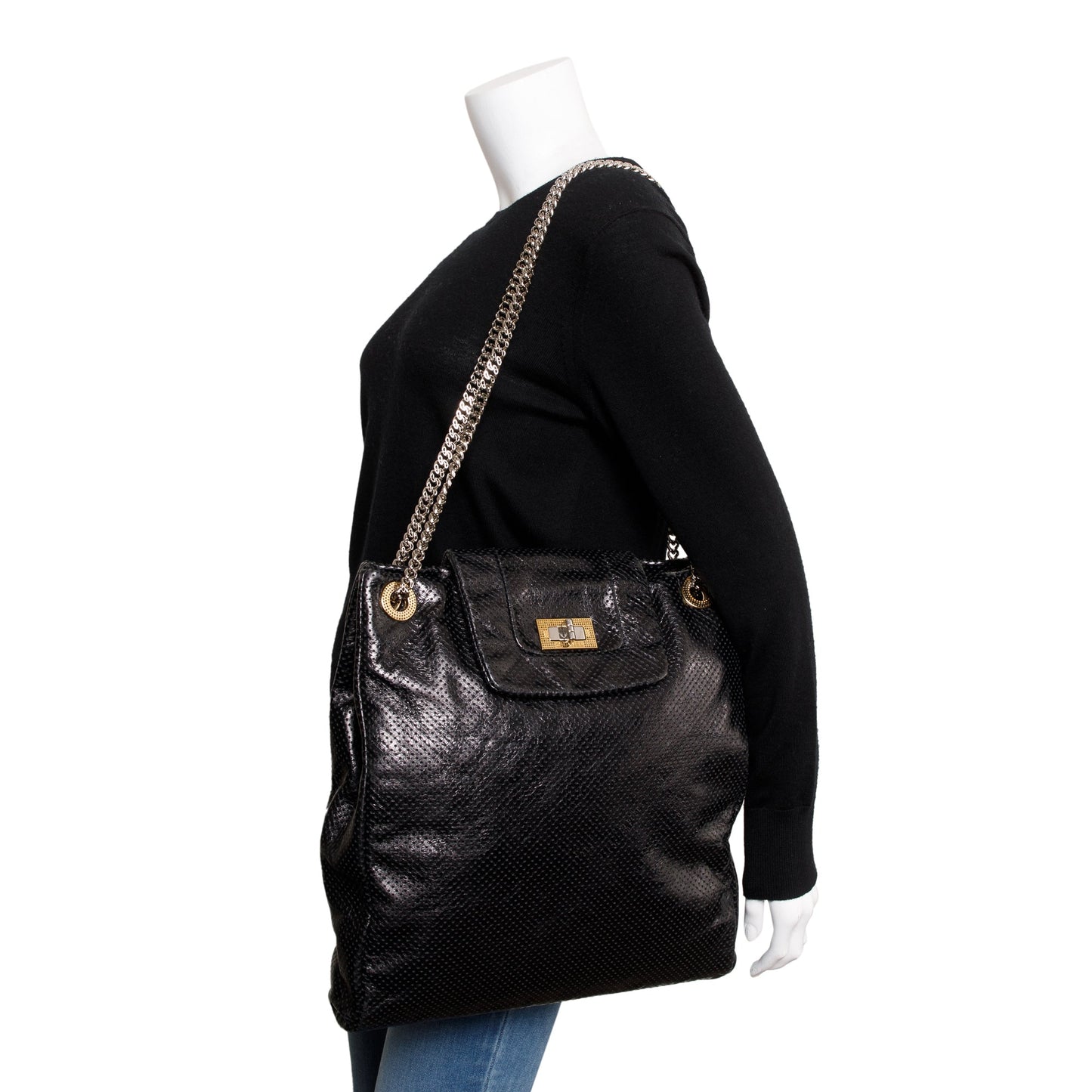Chanel Black Perforated Calfskin Leather Drill Tote