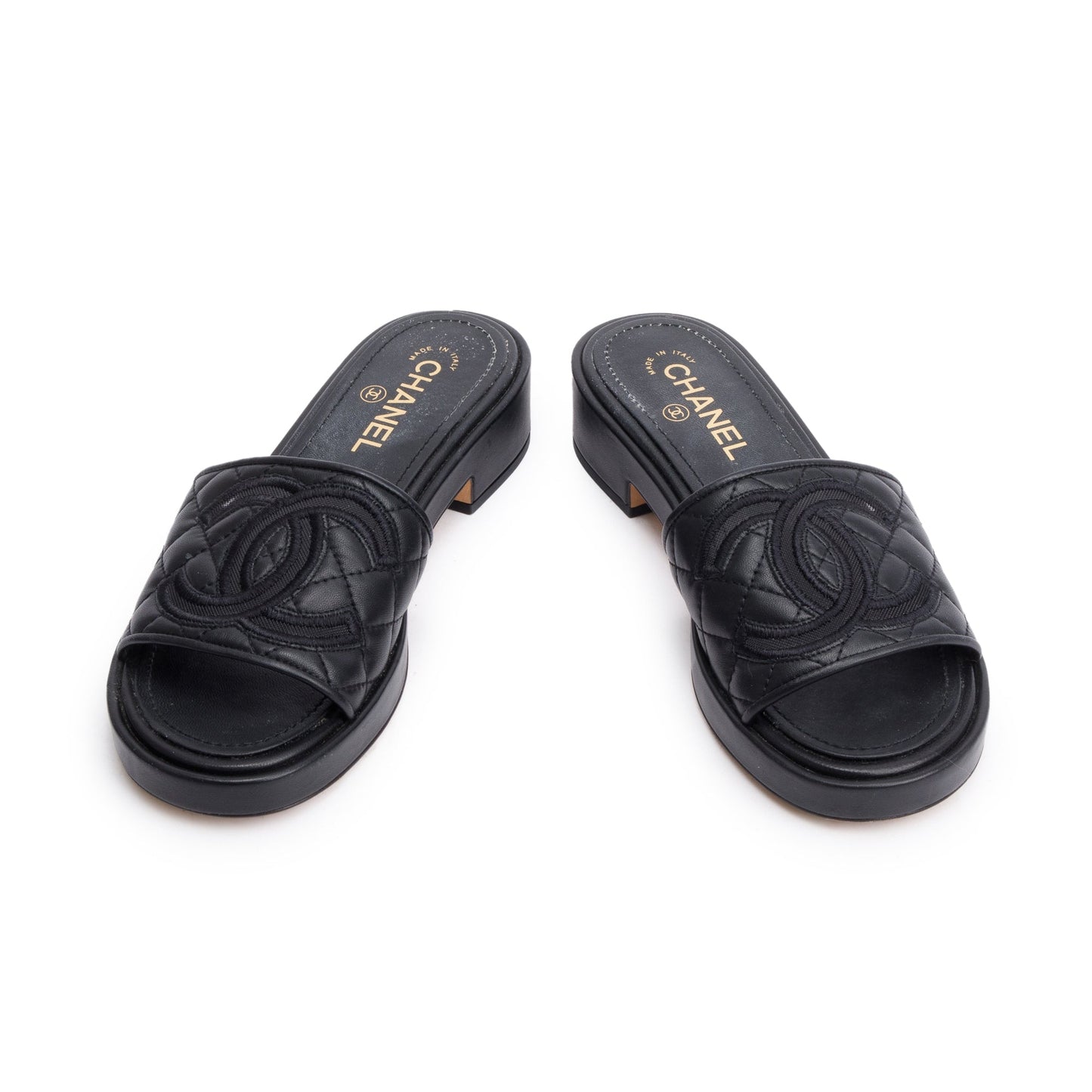 Chanel Black Quilted Calfskin Leather CC Slide Sandals, Size 39