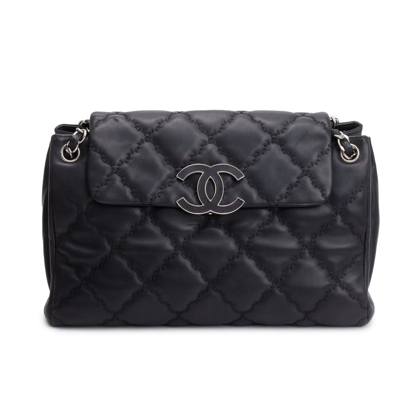 Chanel Black Quilted Calfskin Leather Large Double Stitch Hamptons Flap Bag
