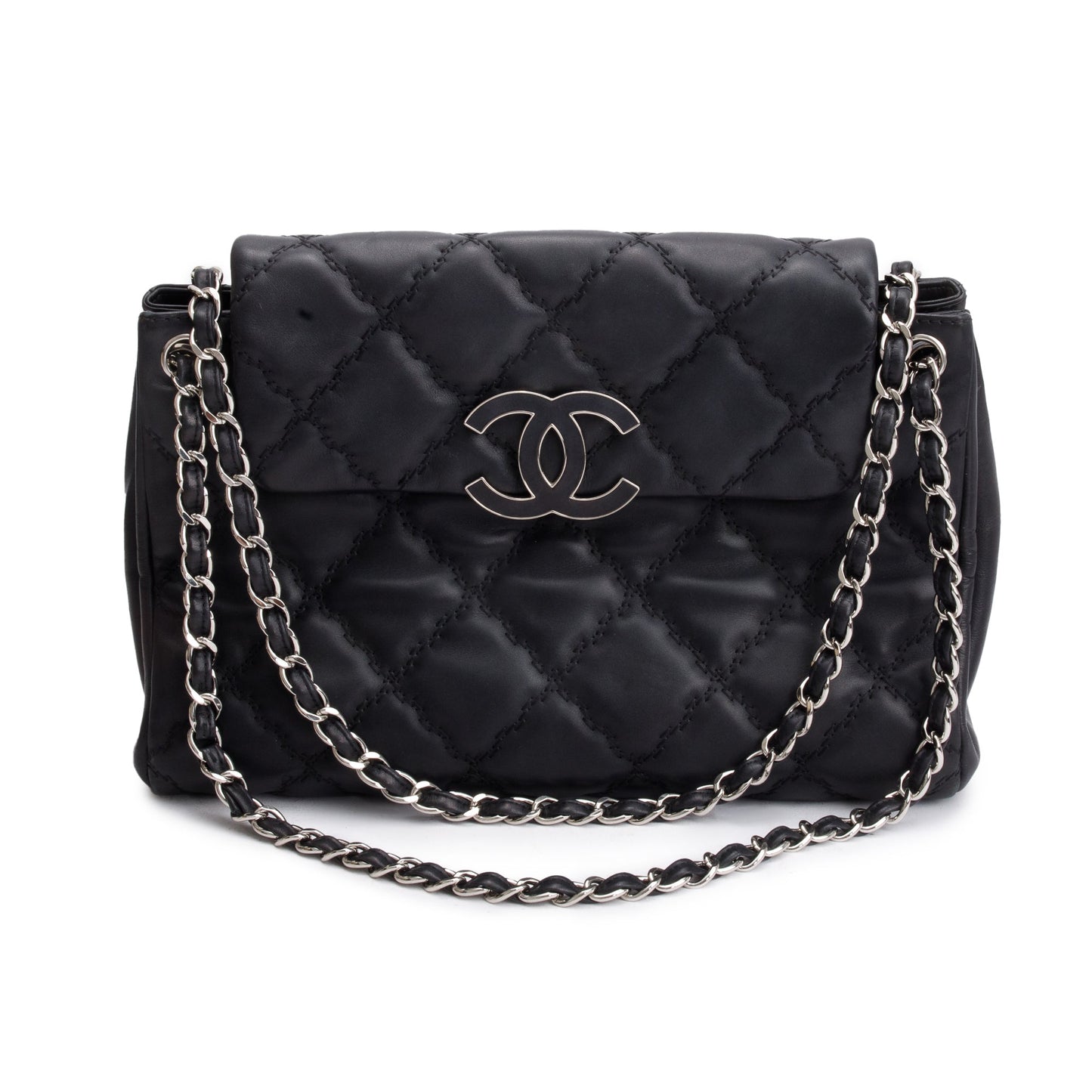 Chanel Black Quilted Calfskin Leather Large Double Stitch Hamptons Flap Bag