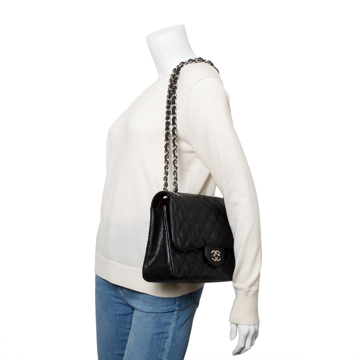 Chanel Black Quilted Caviar Leather Classic Jumbo Double Flap Bag