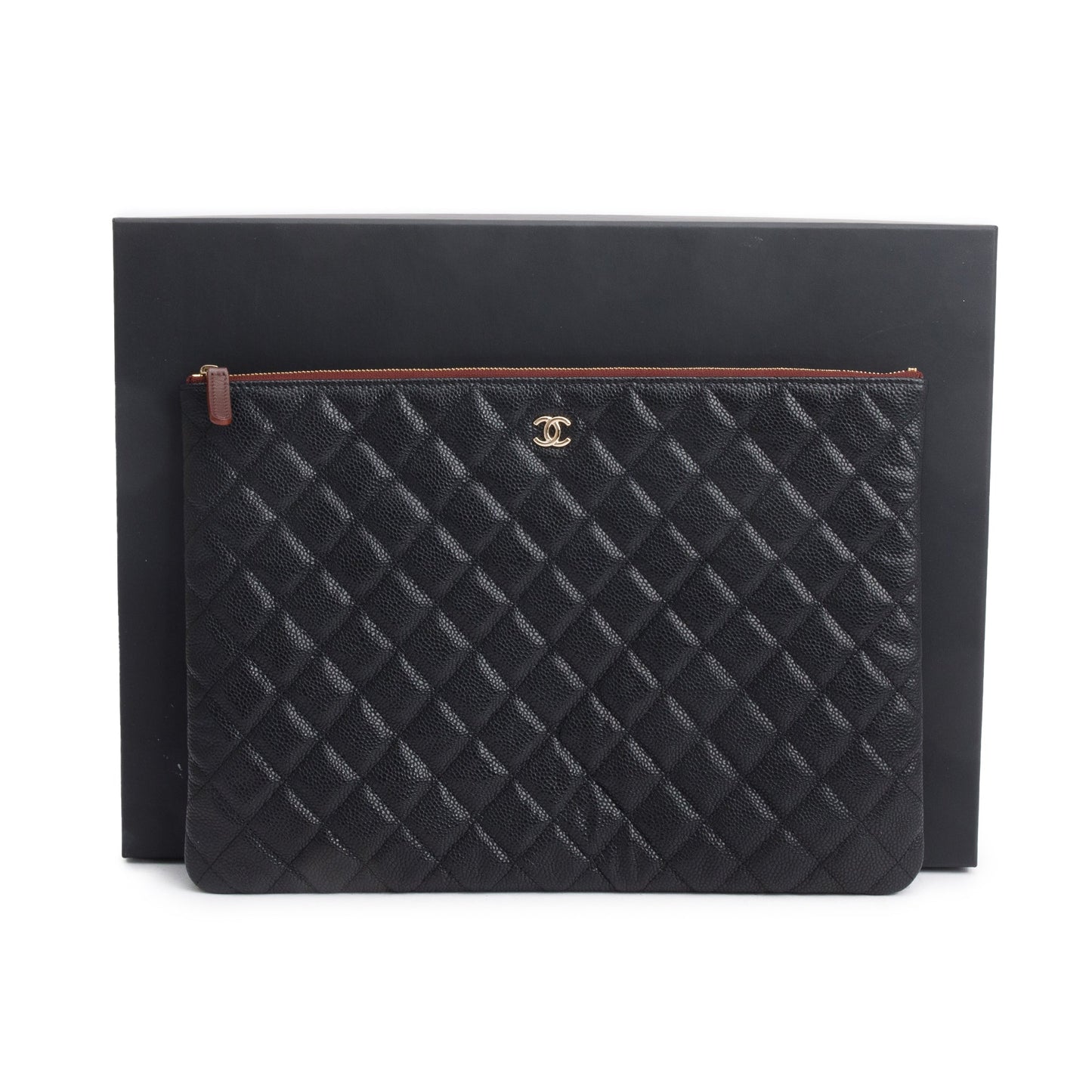 Chanel Black Quilted Caviar Leather Large O-Case Clutch
