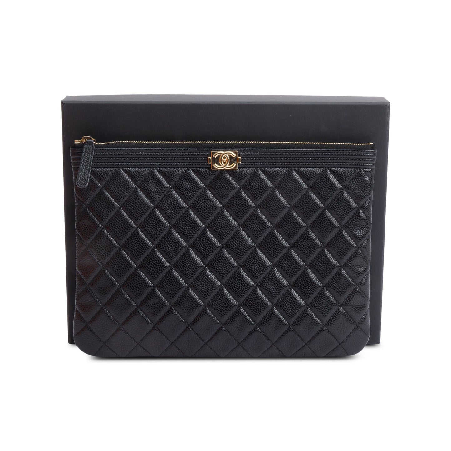Chanel Black Quilted Caviar Leather Medium Boy O-Case Clutch