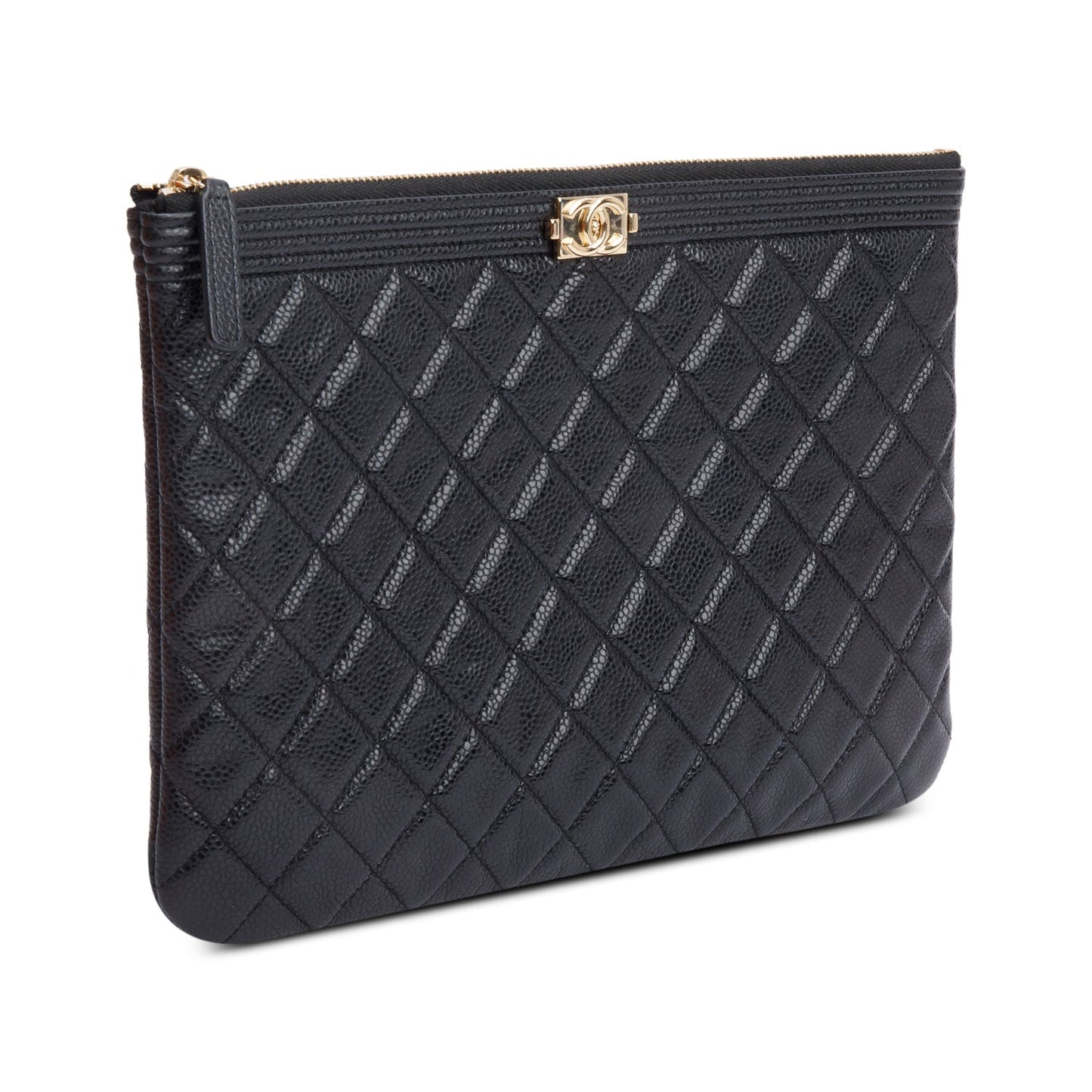 Chanel Black Quilted Caviar Leather Medium Boy O-Case Clutch