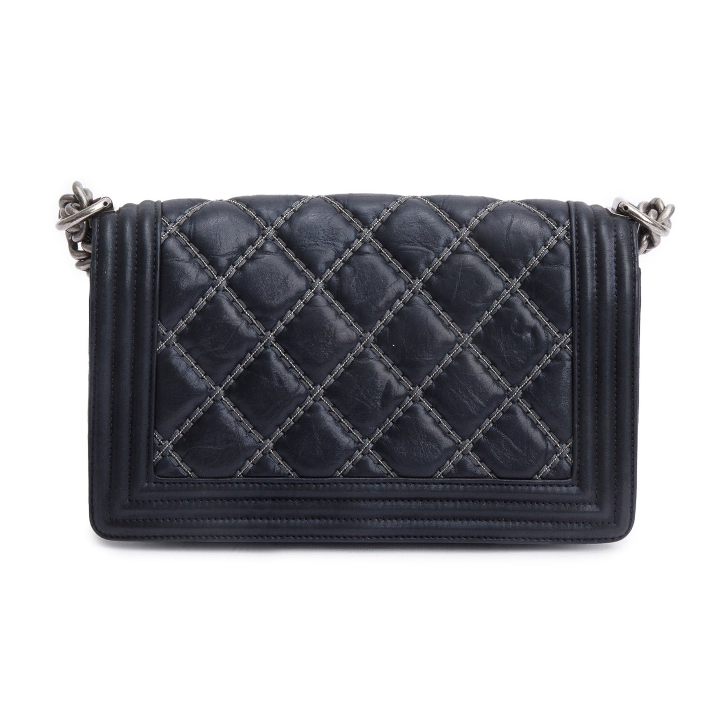 Chanel Black Quilted Iridescent Calfskin Leather Medium Beaded Double Stitch Boy Bag