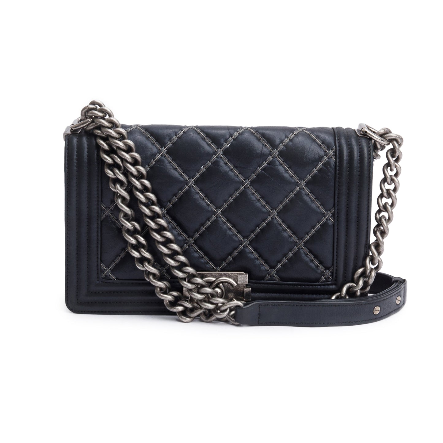 Chanel Black Quilted Iridescent Calfskin Leather Medium Beaded Double Stitch Boy Bag