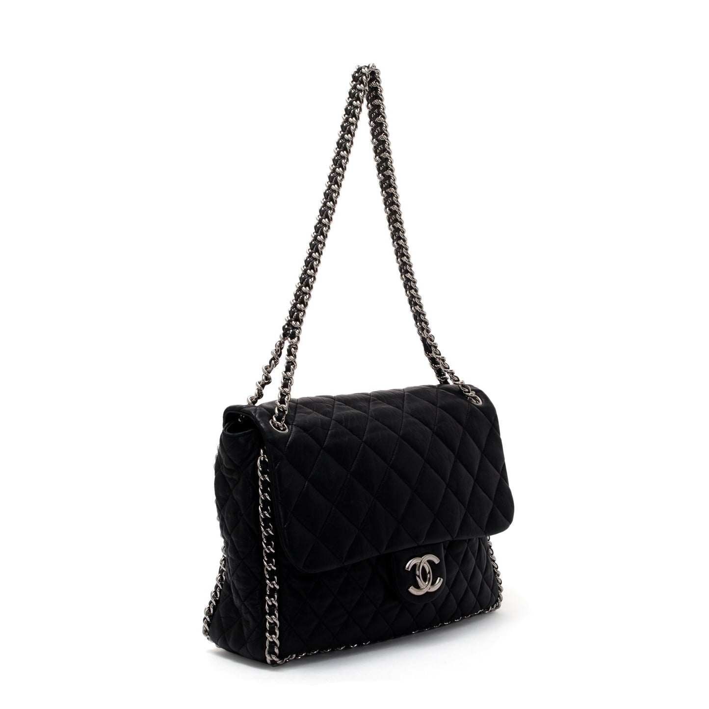 Chanel Black Quilted Lambskin Leather Maxi Chain Around Flap Bag