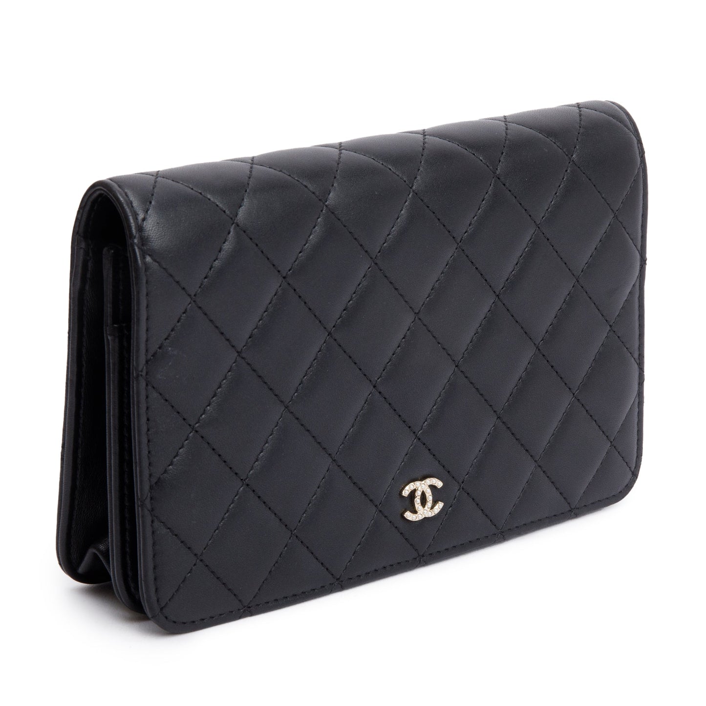 Chanel Black Quilted Lambskin Leather Pearl Wallet on Chain