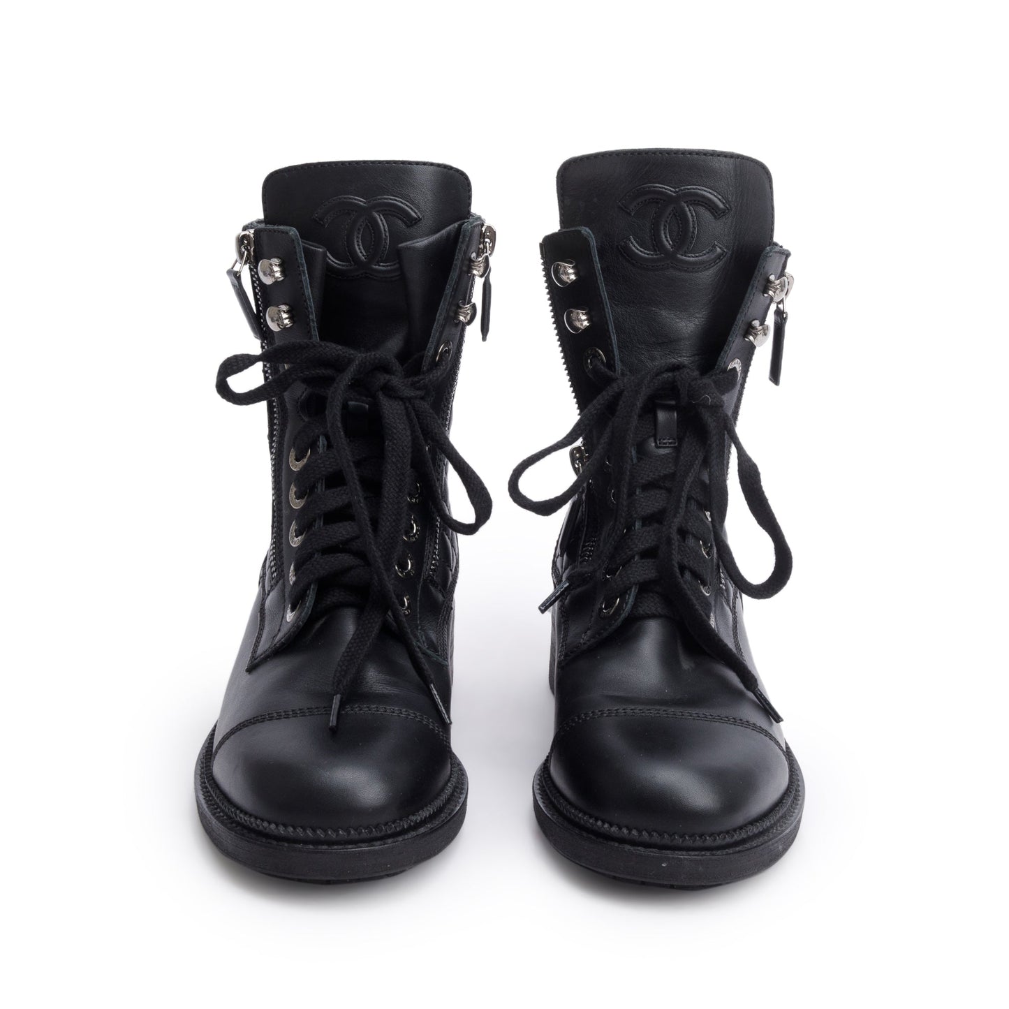 Chanel Black Quilted Leather Interlocking CC Logo Combat Boots, Size 37