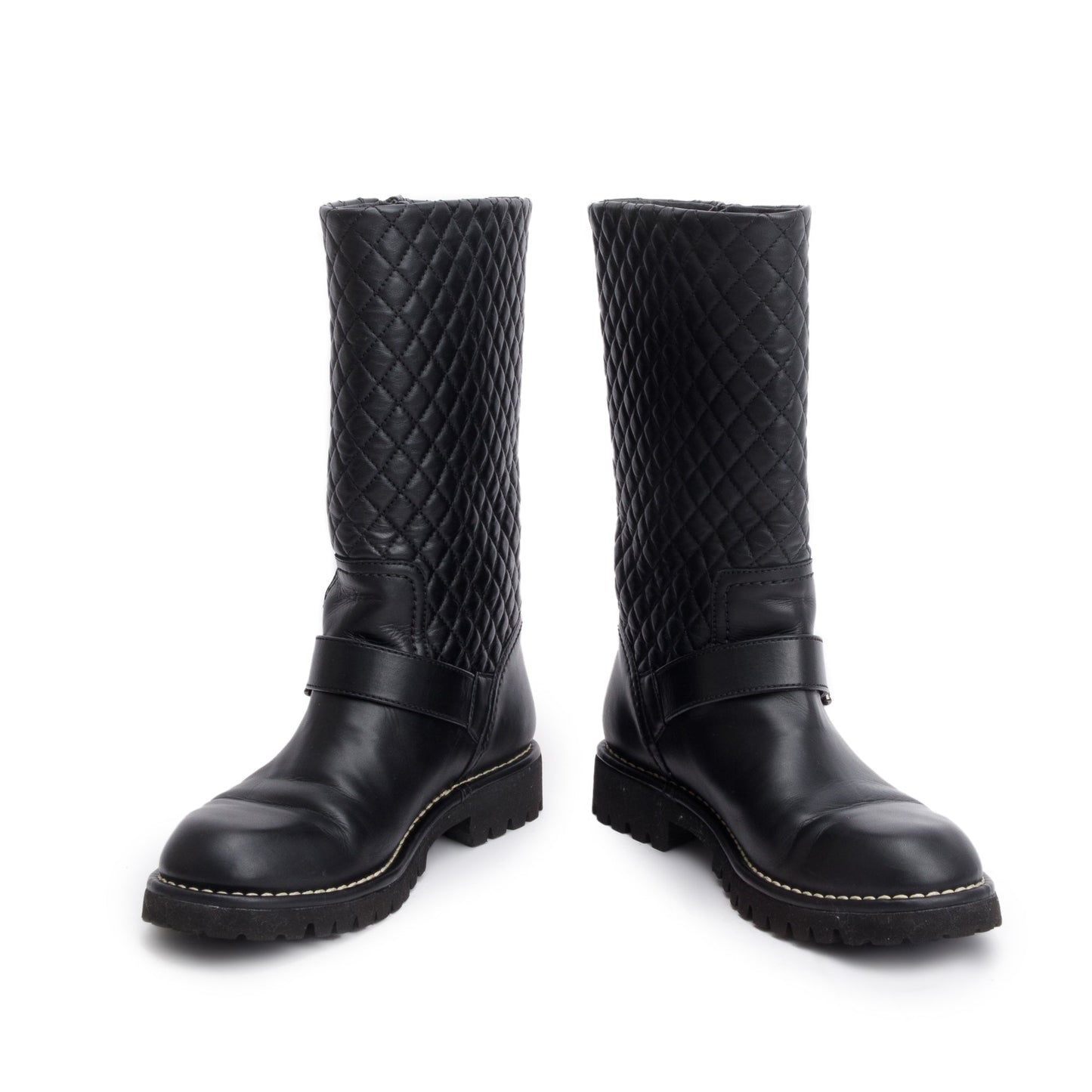 Chanel Black Quilted Leather Interlocking CC Logo Mid Calf Motorcycle Boots, Size 38