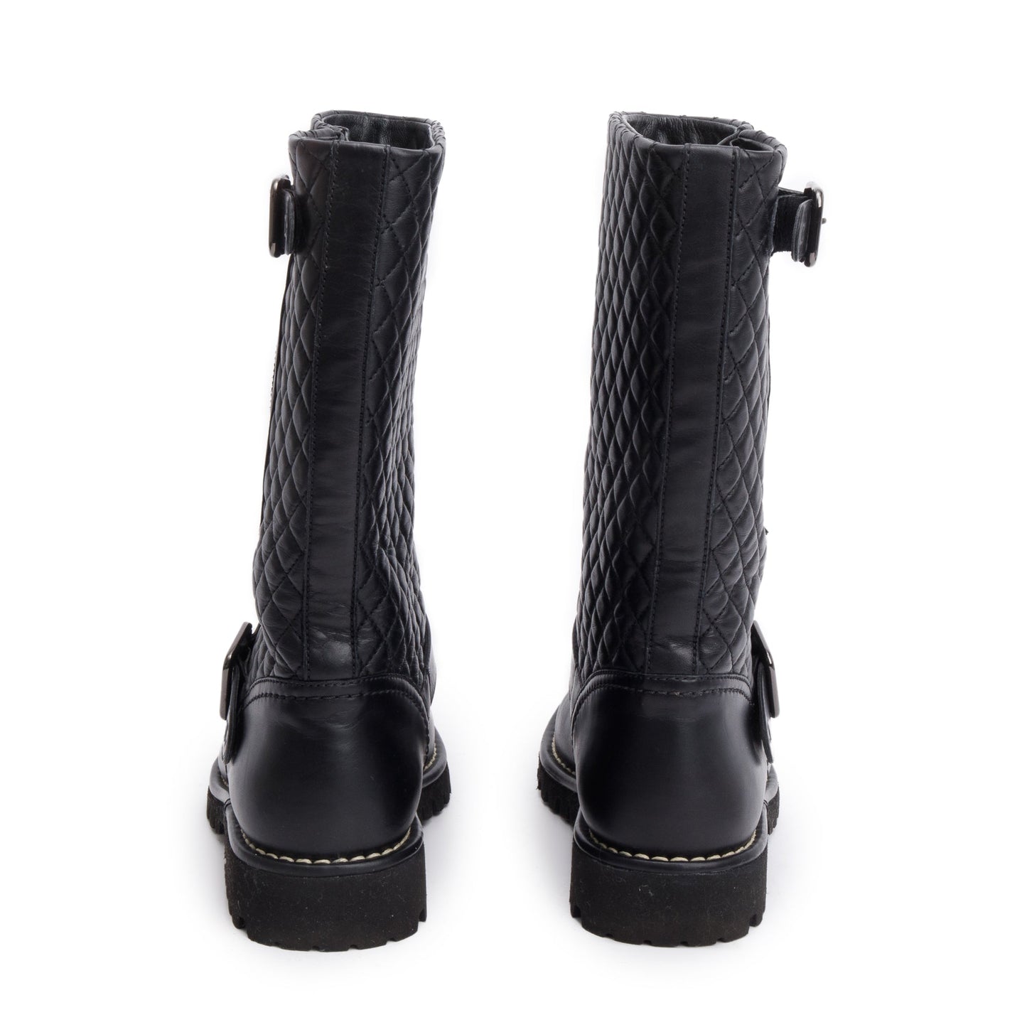 Chanel Black Quilted Leather Interlocking CC Logo Mid Calf Motorcycle Boots, Size 38
