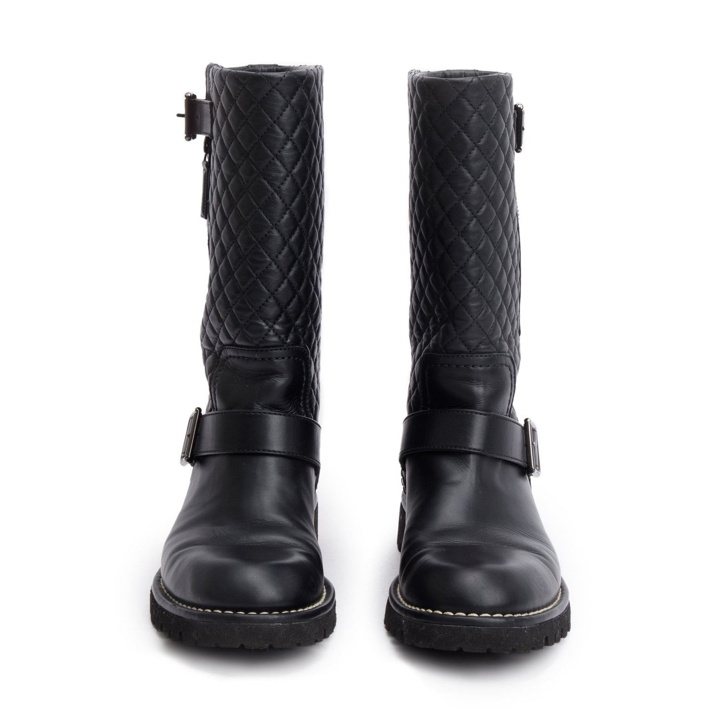 Chanel Black Quilted Leather Interlocking CC Logo Mid Calf Motorcycle Boots, Size 38